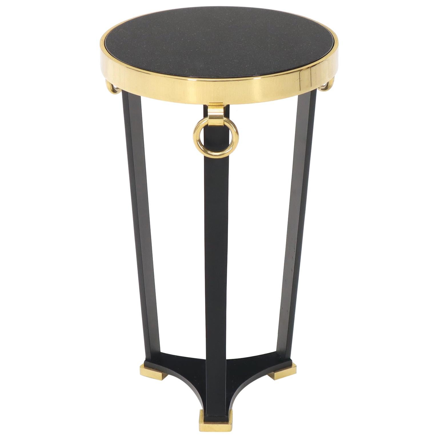 Brass and Round Black Granite Top Tri Legged Pedestal End Side Table