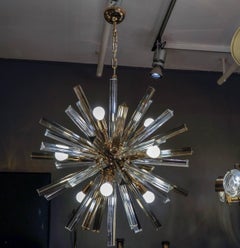 Brass Round Chandelier with Triedre Murano Glass Spikes