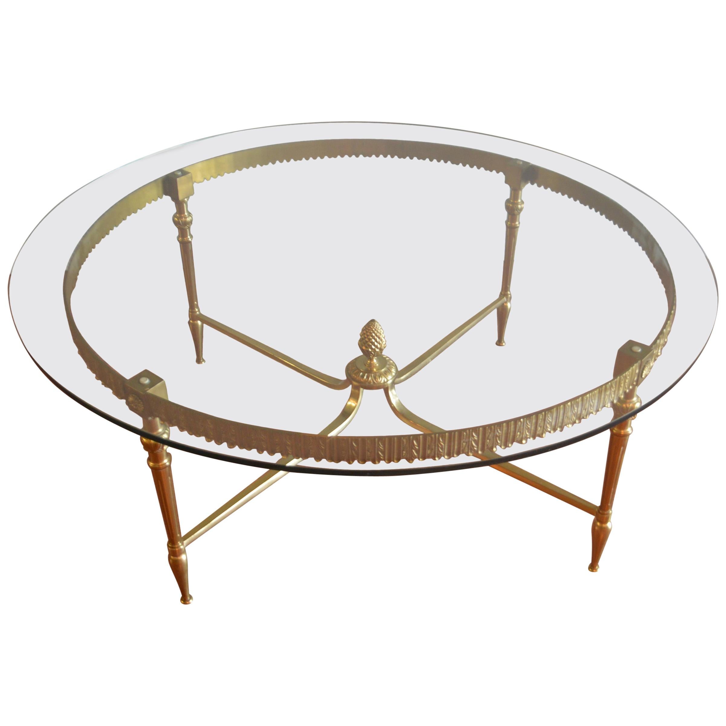Brass Round Coffee Table with Ornate Apron, Brass Pineapple at Base, Round For Sale