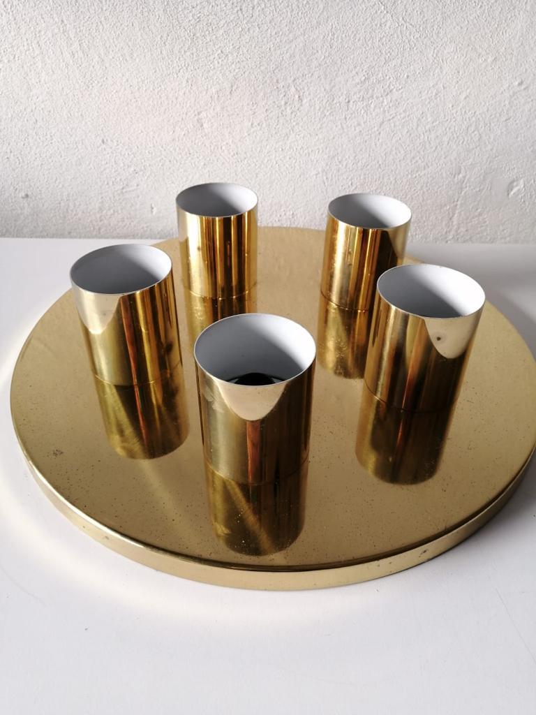 Mid-Century Modern Brass Round Minimalist 5 Socket Ceiling Lamp by Beisl Leuchte, 1960s Germany For Sale