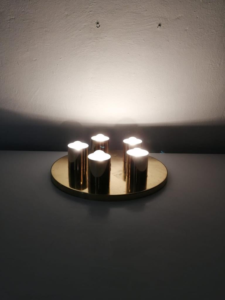 Brass Round Minimalist 5 Socket Ceiling Lamp by Beisl Leuchte, 1960s Germany For Sale 3