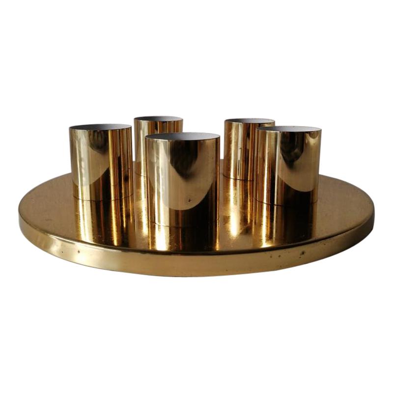 Brass Round Minimalist 5 Socket Ceiling Lamp by Beisl Leuchte, 1960s Germany For Sale