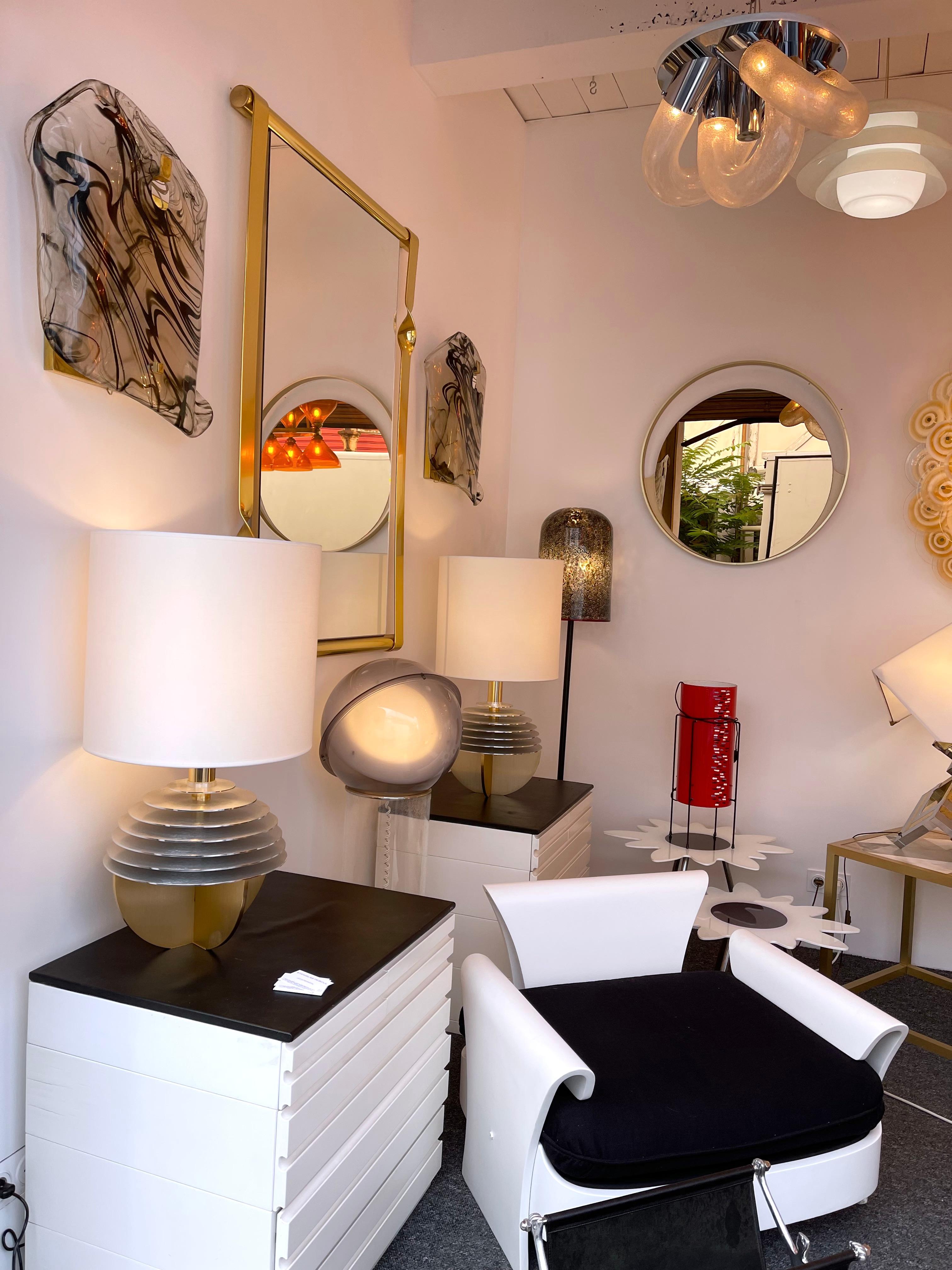Mid-Century Modern Brass Round Mirror Gold Tinted Glass by Modernindustria, Italy, 1970s For Sale