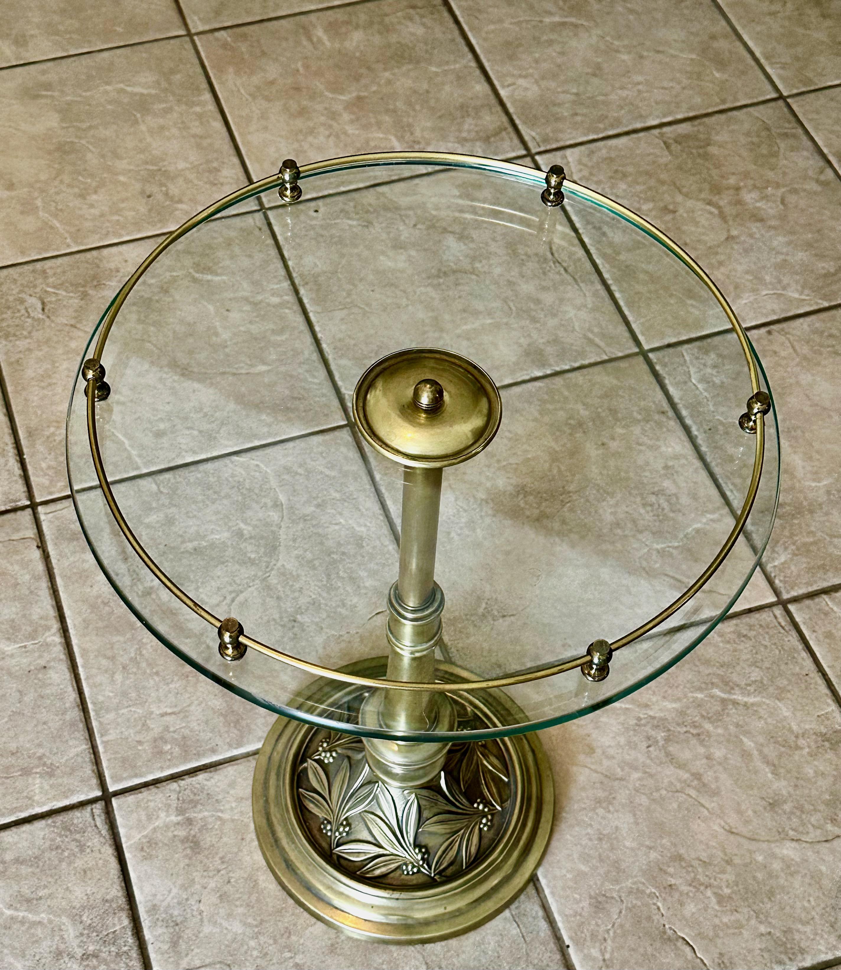 Brass Embossed Leaf Round Side End Table For Sale 5