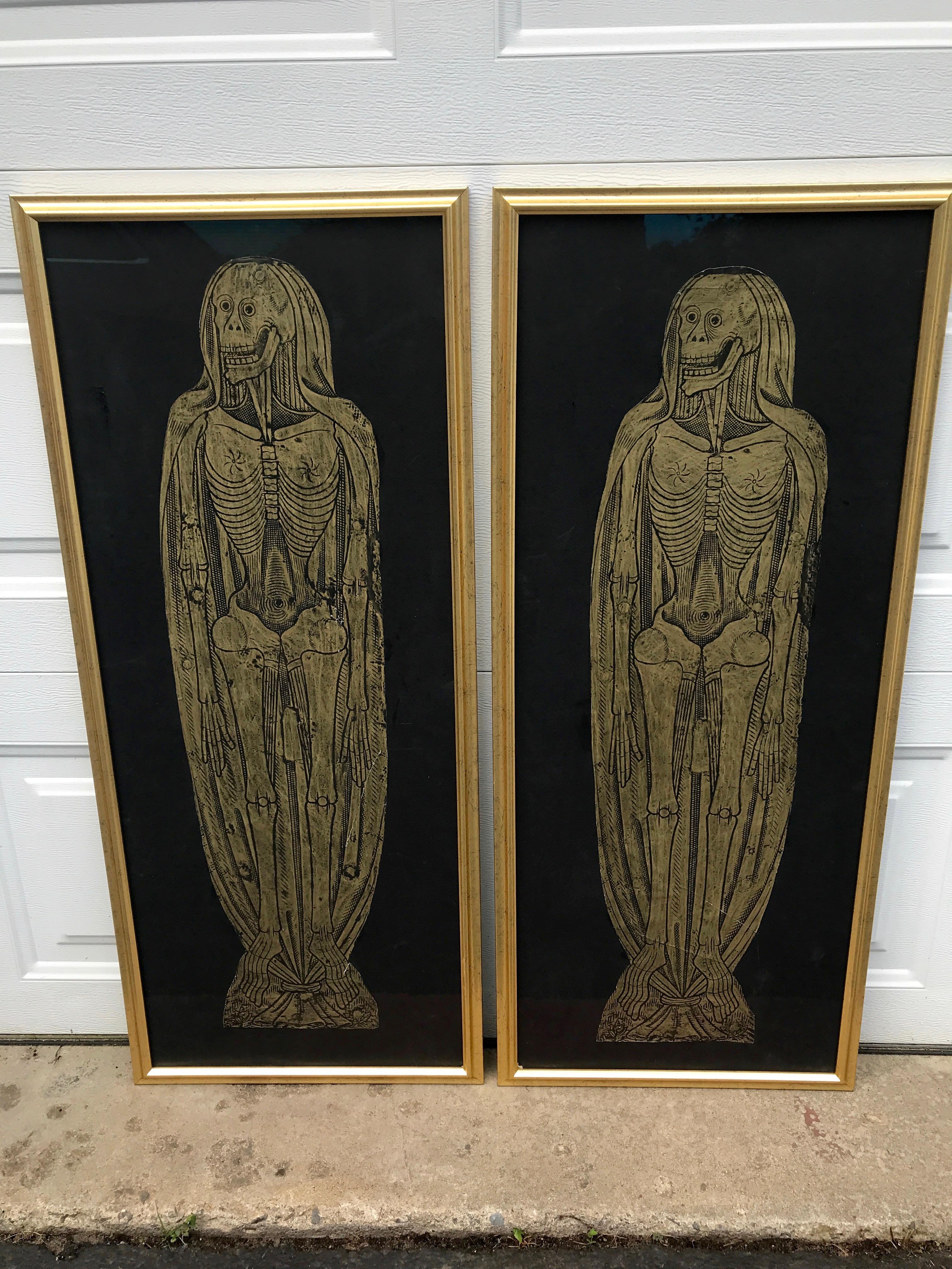 Brass Rubbings of skeletons from museum in frames. Leeds, England (Pair). These were done sometime in the mid-1900s and glued to black board. Professionally framed on 7/1/19 with museum glass and new frames. Measures: 18