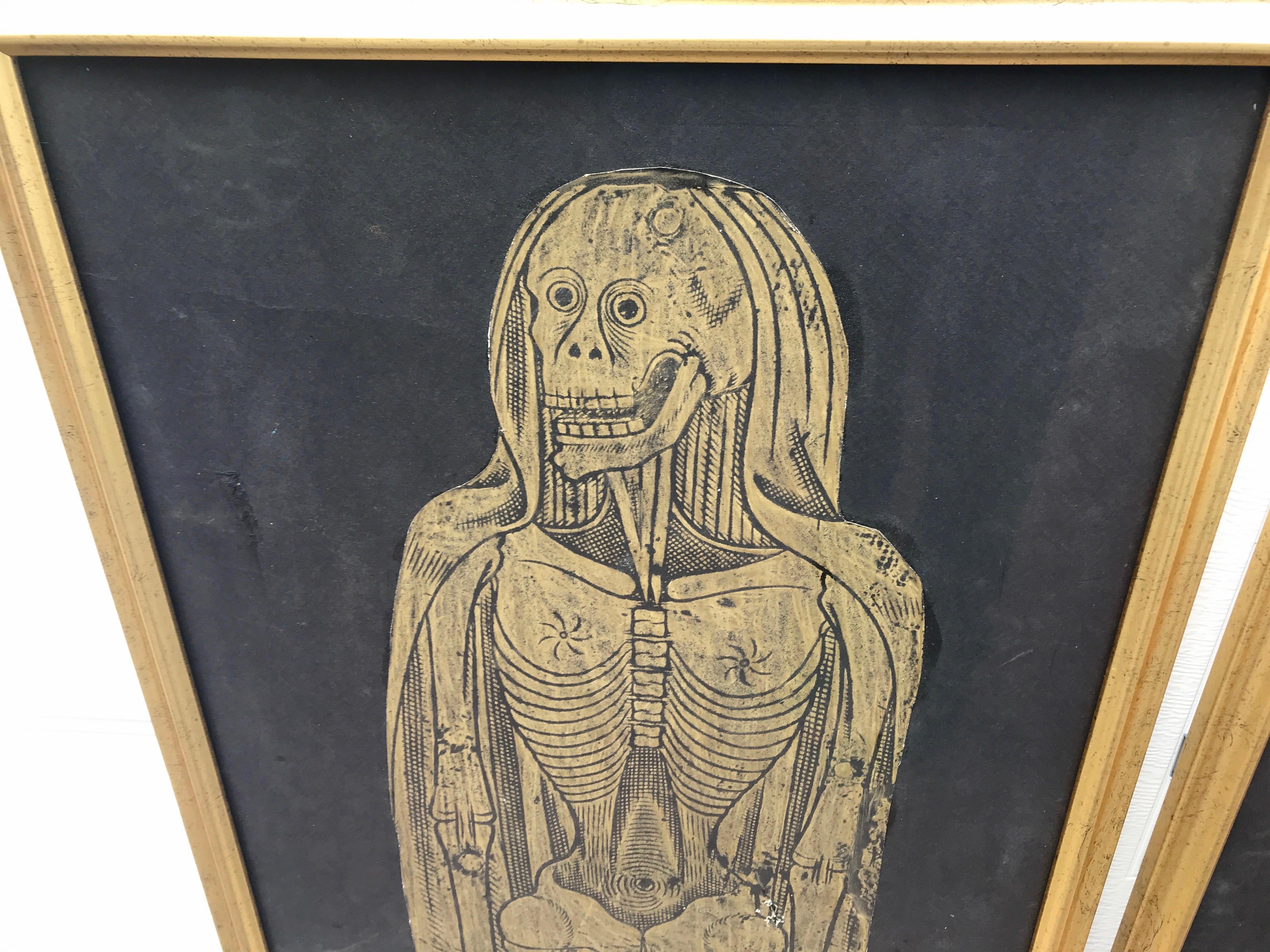 Gothic Brass Rubbings of Skeletons from Museum in Frames, Leeds, England 'Pair' For Sale