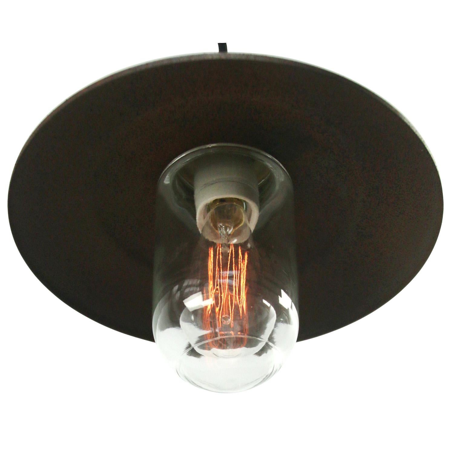 Industrial Brass Rust Iron Vintage Clear Glass Pendant Lights For Sale