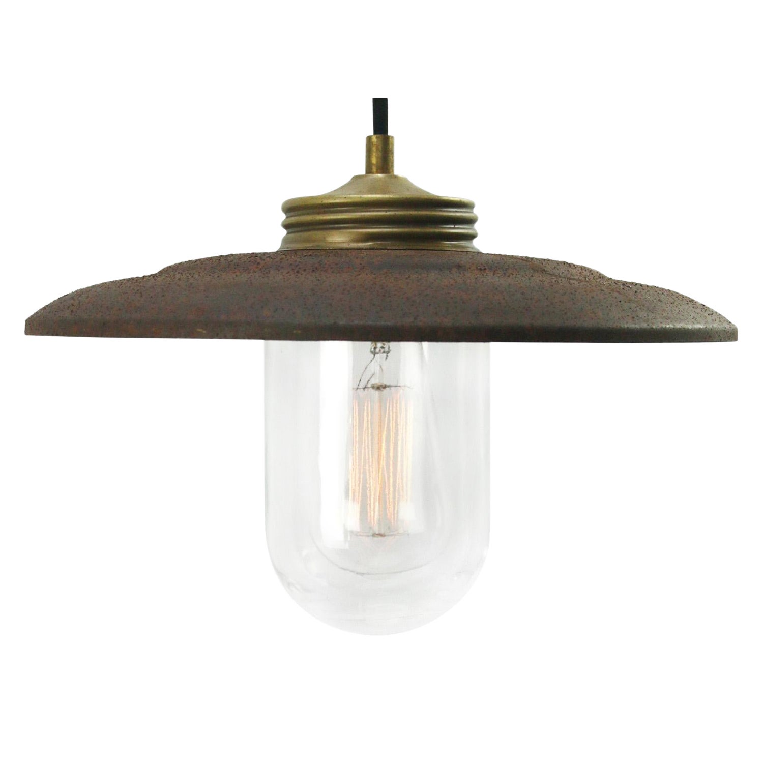 Lampade a sospensione in ottone, ferro, ruggine e vetro trasparente vintage