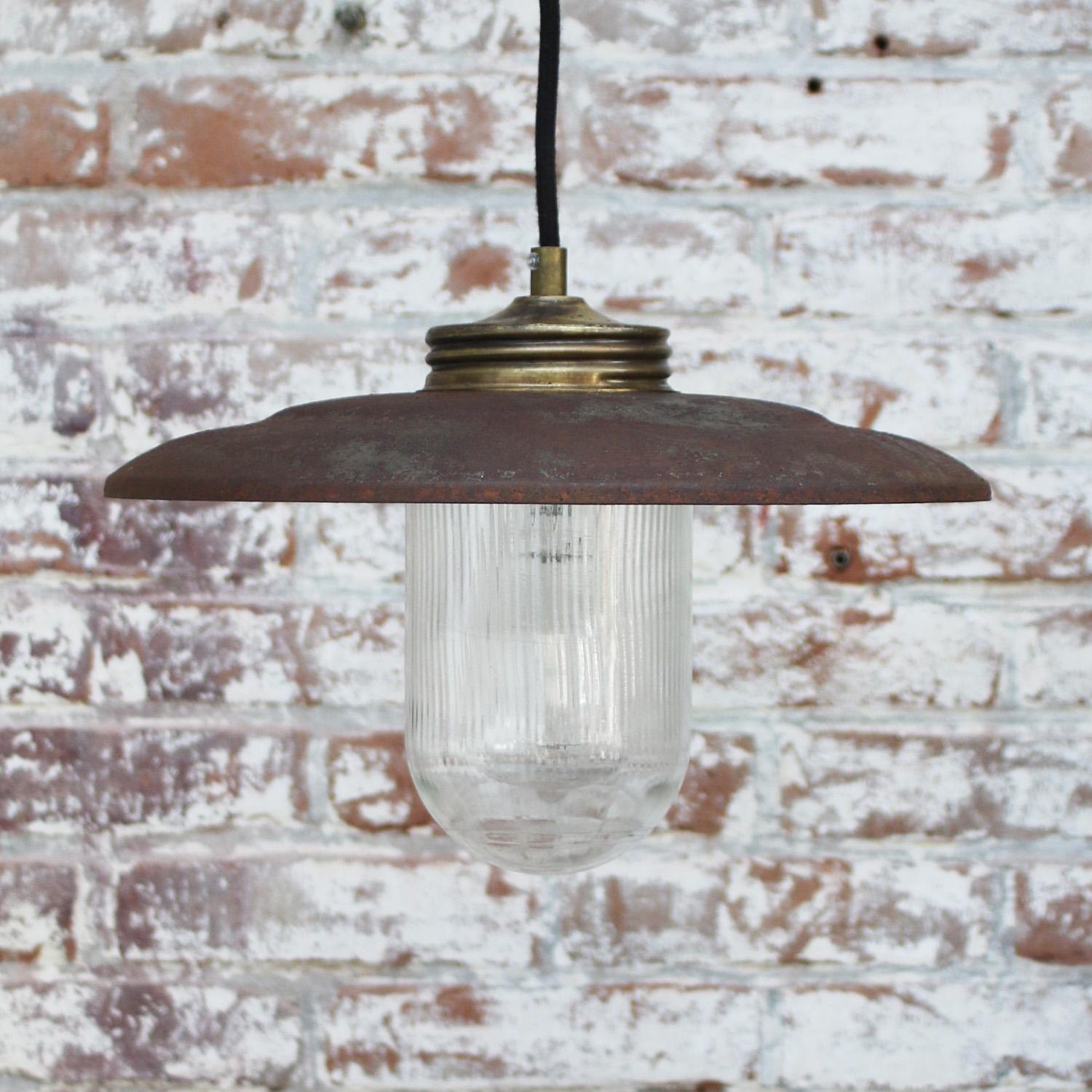 Industrial Brass Rust Iron Vintage Clear Striped Glass Pendant Lights For Sale