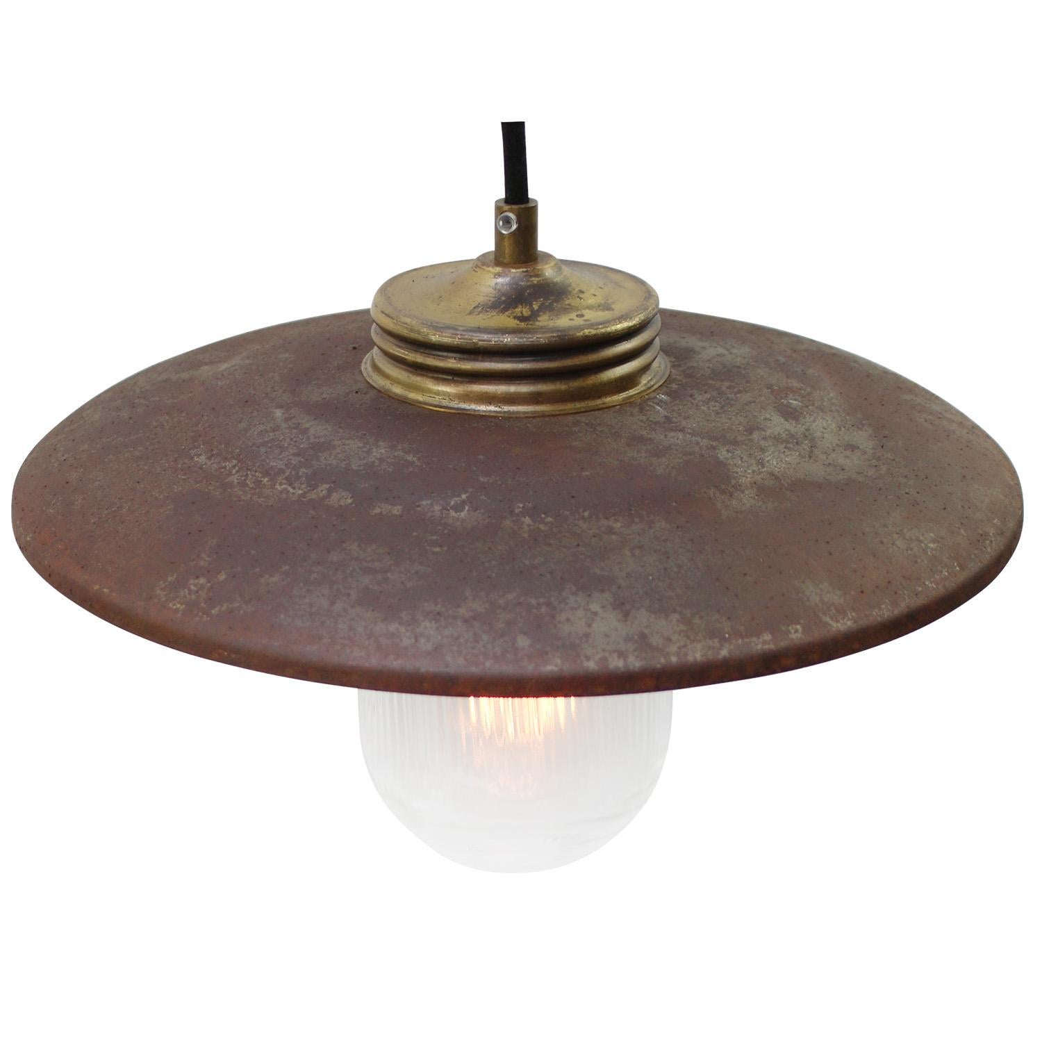 Hungarian Brass Rust Iron Vintage Clear Striped Glass Pendant Lights For Sale