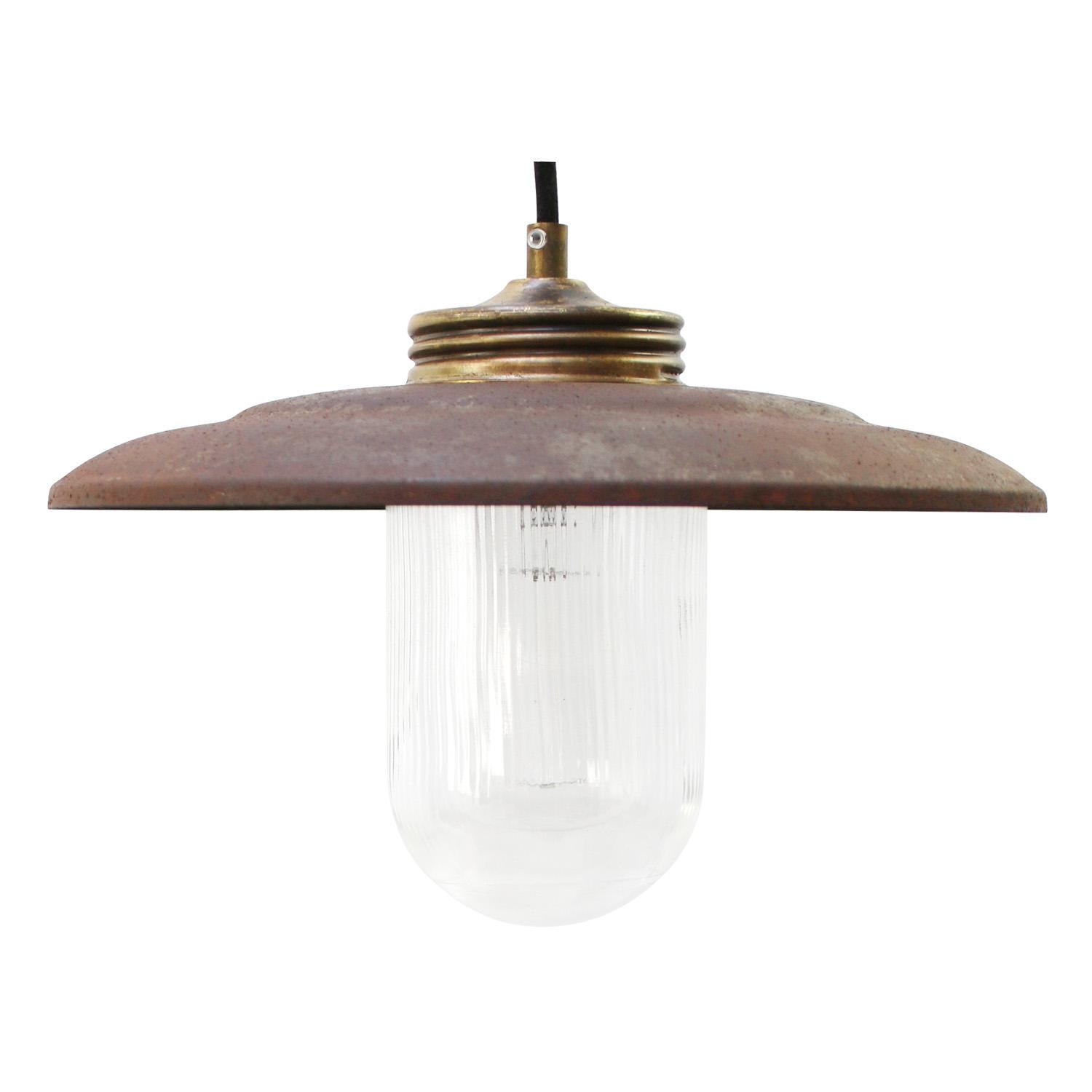 20th Century Brass Rust Iron Vintage Clear Striped Glass Pendant Lights For Sale