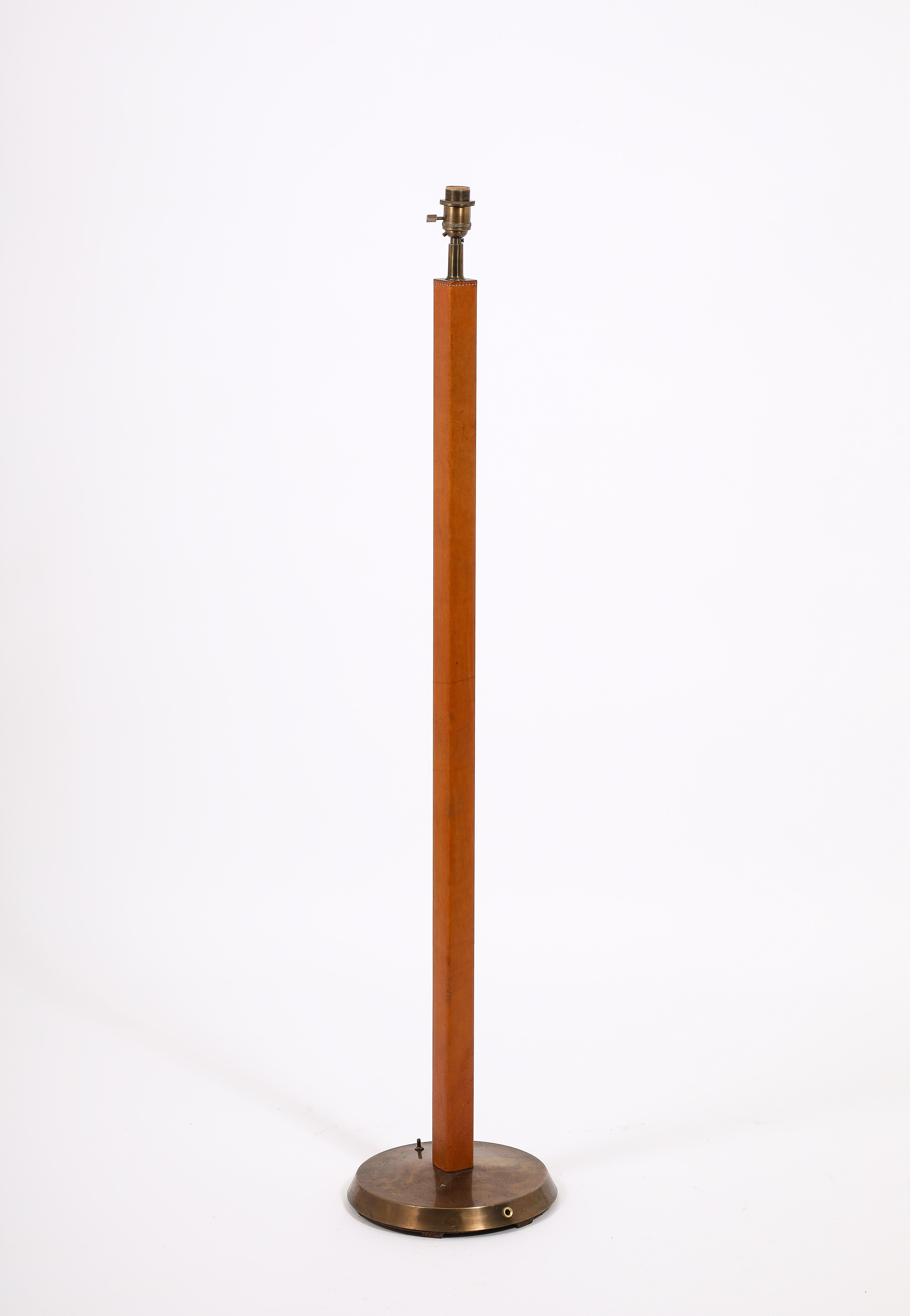 Brass & Saddle Leather Floor Lamp, France 1950's For Sale 4