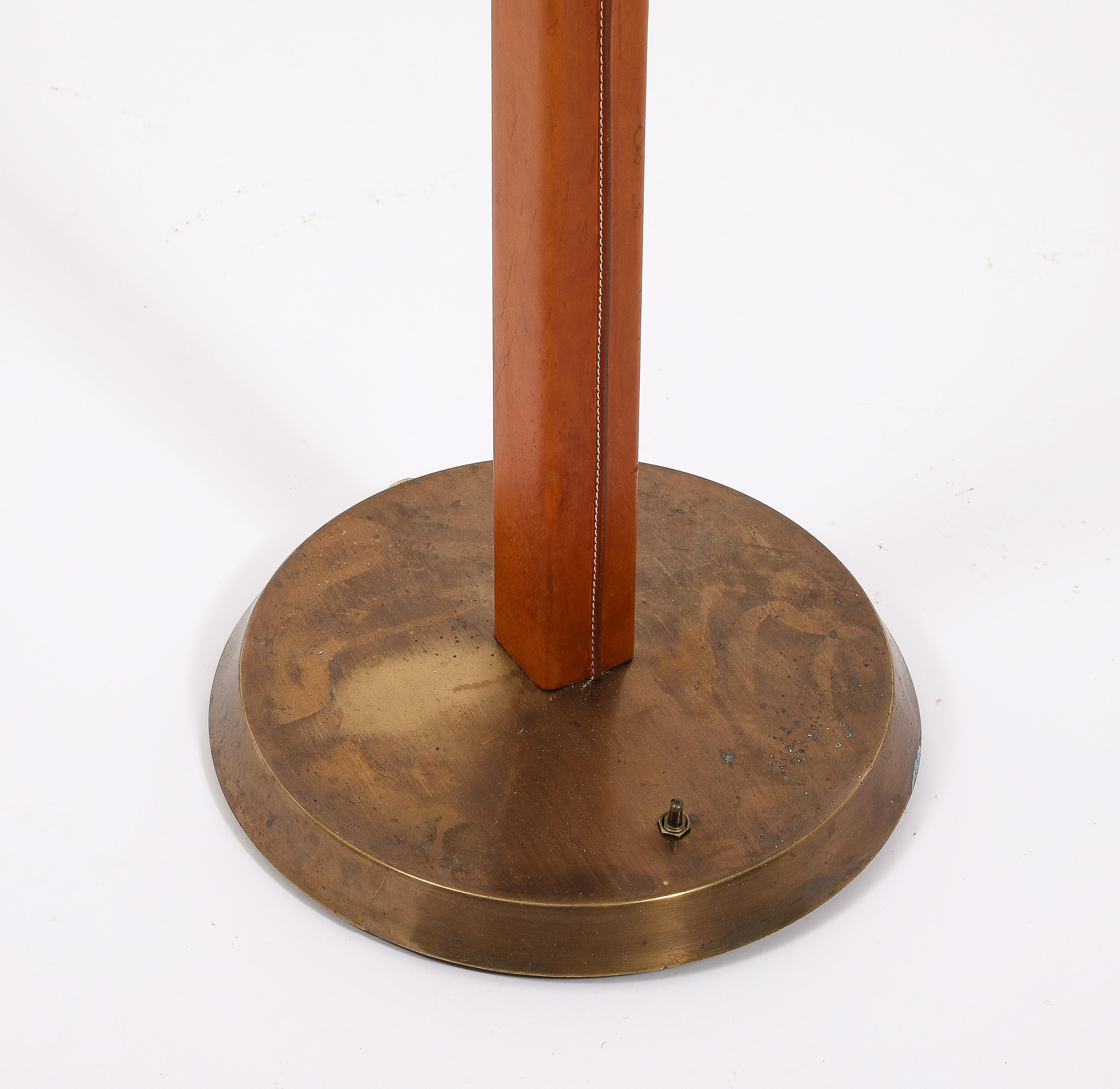 French Brass & Saddle Leather Floor Lamp, France 1950's For Sale