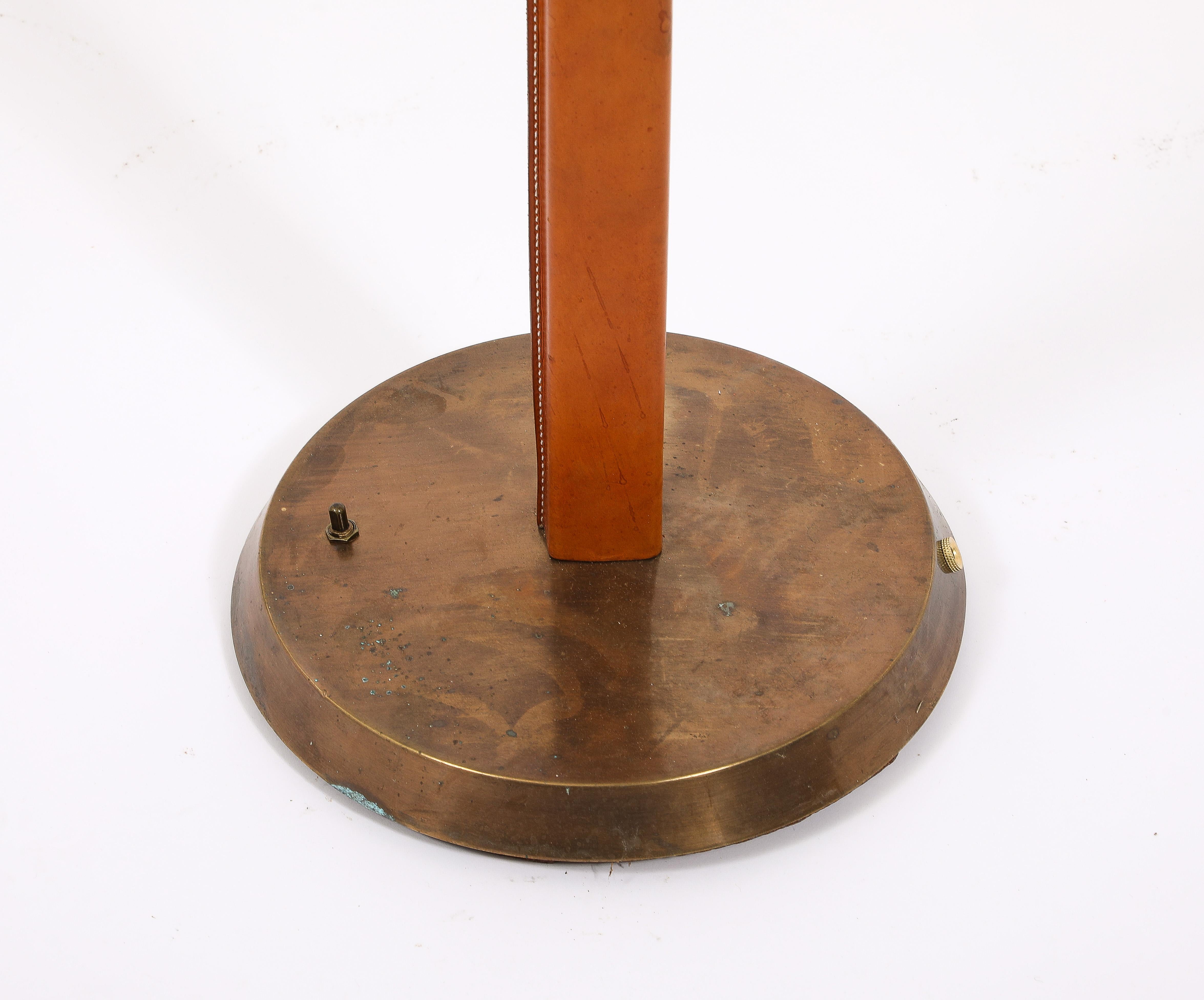 Brass & Saddle Leather Floor Lamp, France 1950's For Sale 1