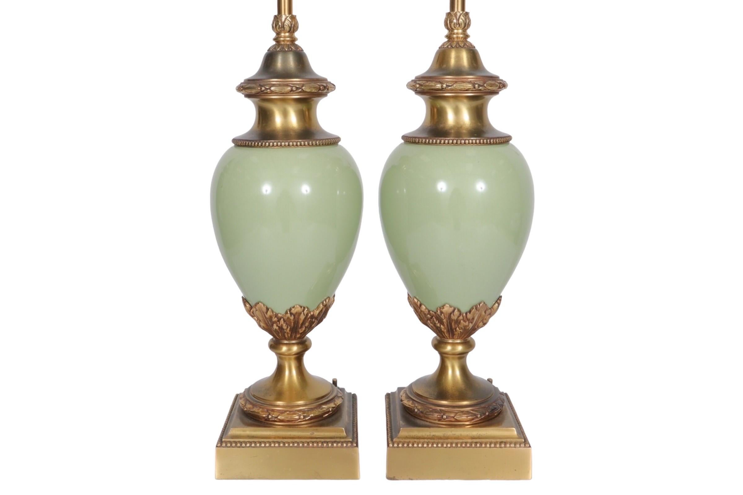 Art Deco Brass and Porcelain Table Lamps by Stiffel, a Pair For Sale
