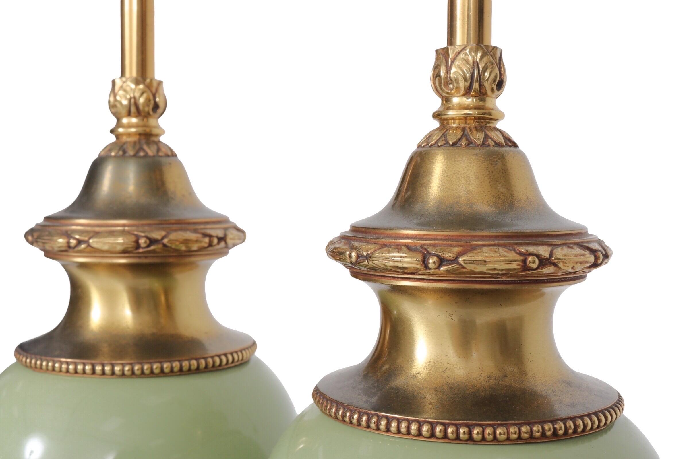 American Brass and Porcelain Table Lamps by Stiffel, a Pair For Sale