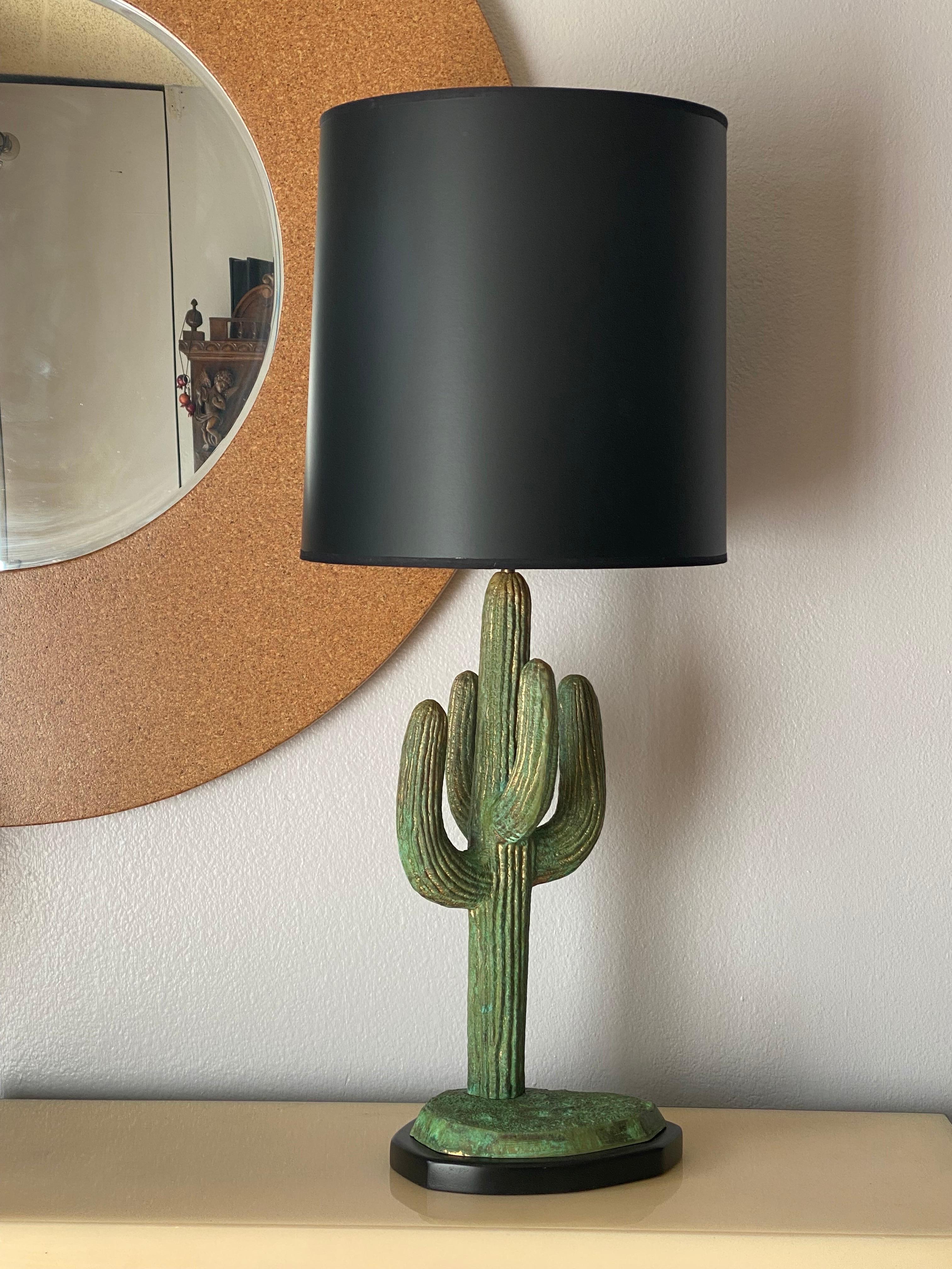 Brass Saguaro cactus lamp in green verdigris patina. Lampshade is NOT included. Total height is 32
