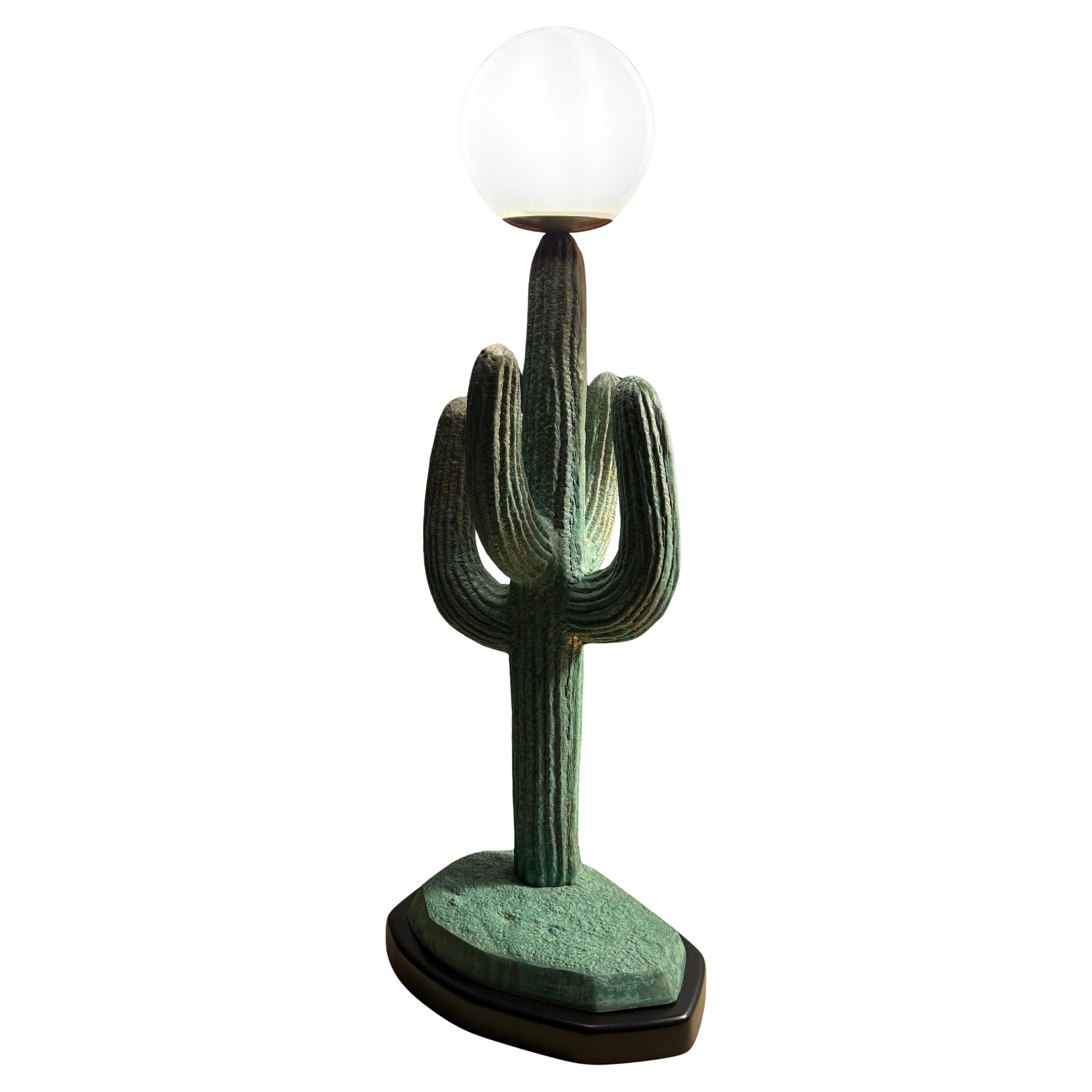 Brass Saguaro Cactus Lamp in Verdigris Patina