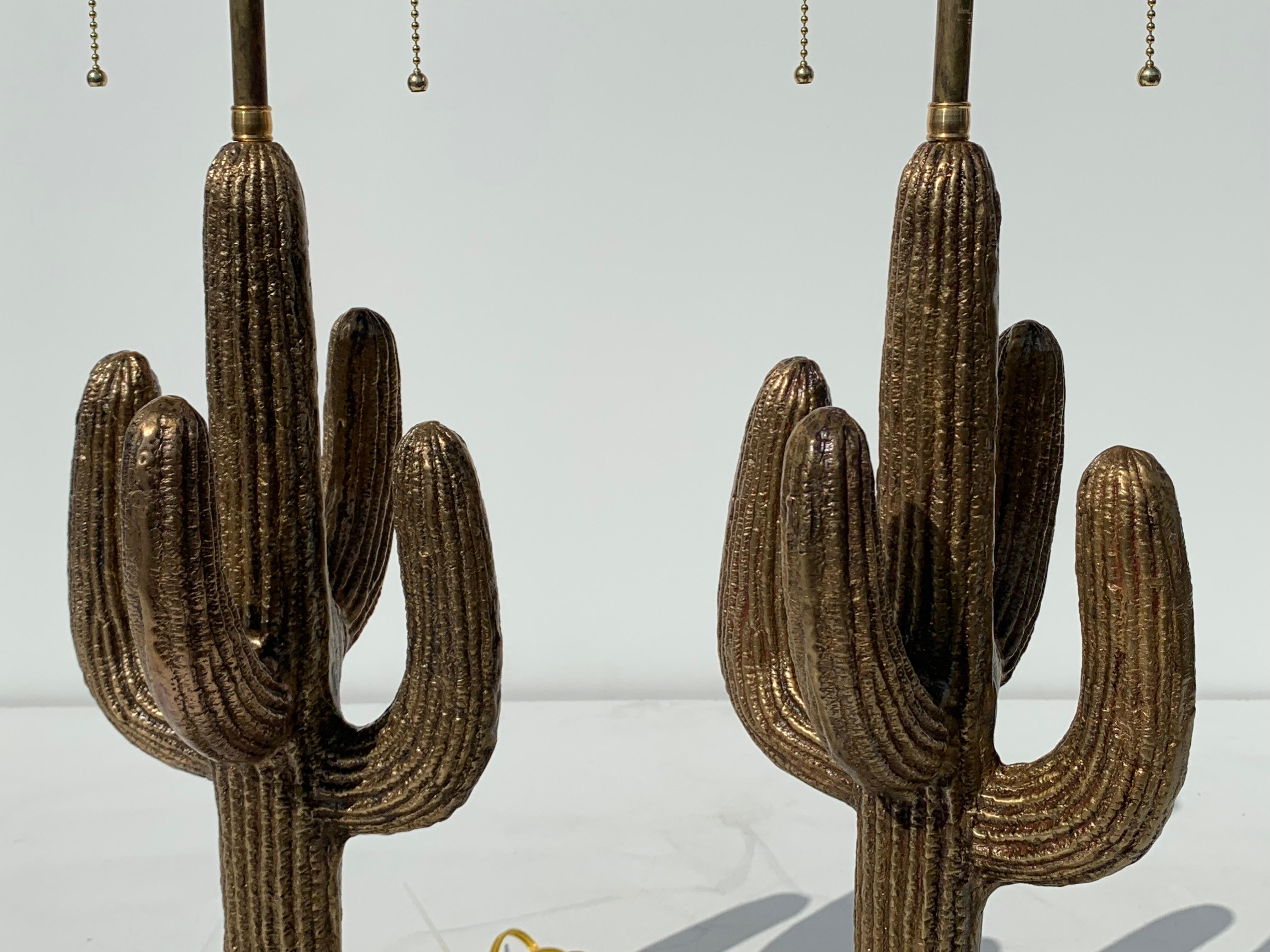Hollywood Regency Pair of Brass Saguaro Cactus Lamps For Sale