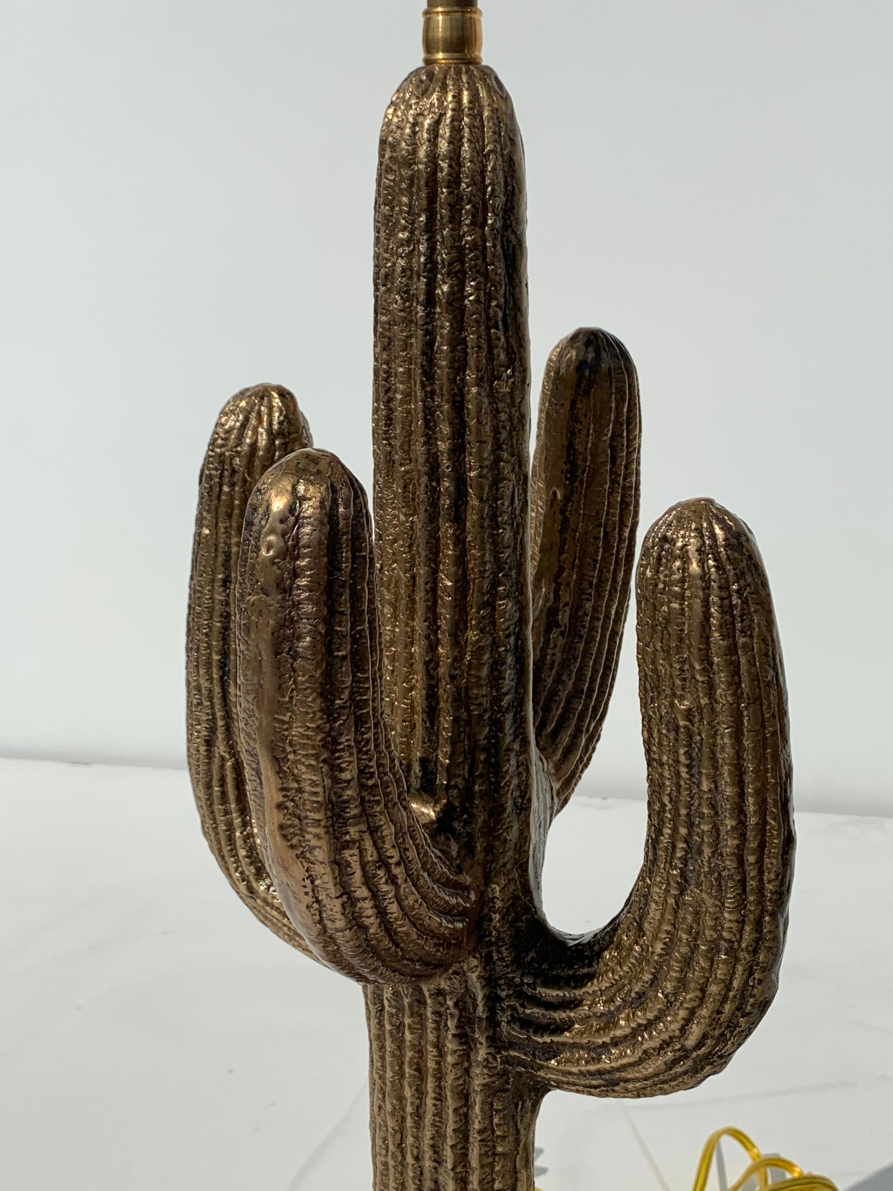 Patinated Pair of Brass Saguaro Cactus Lamps For Sale