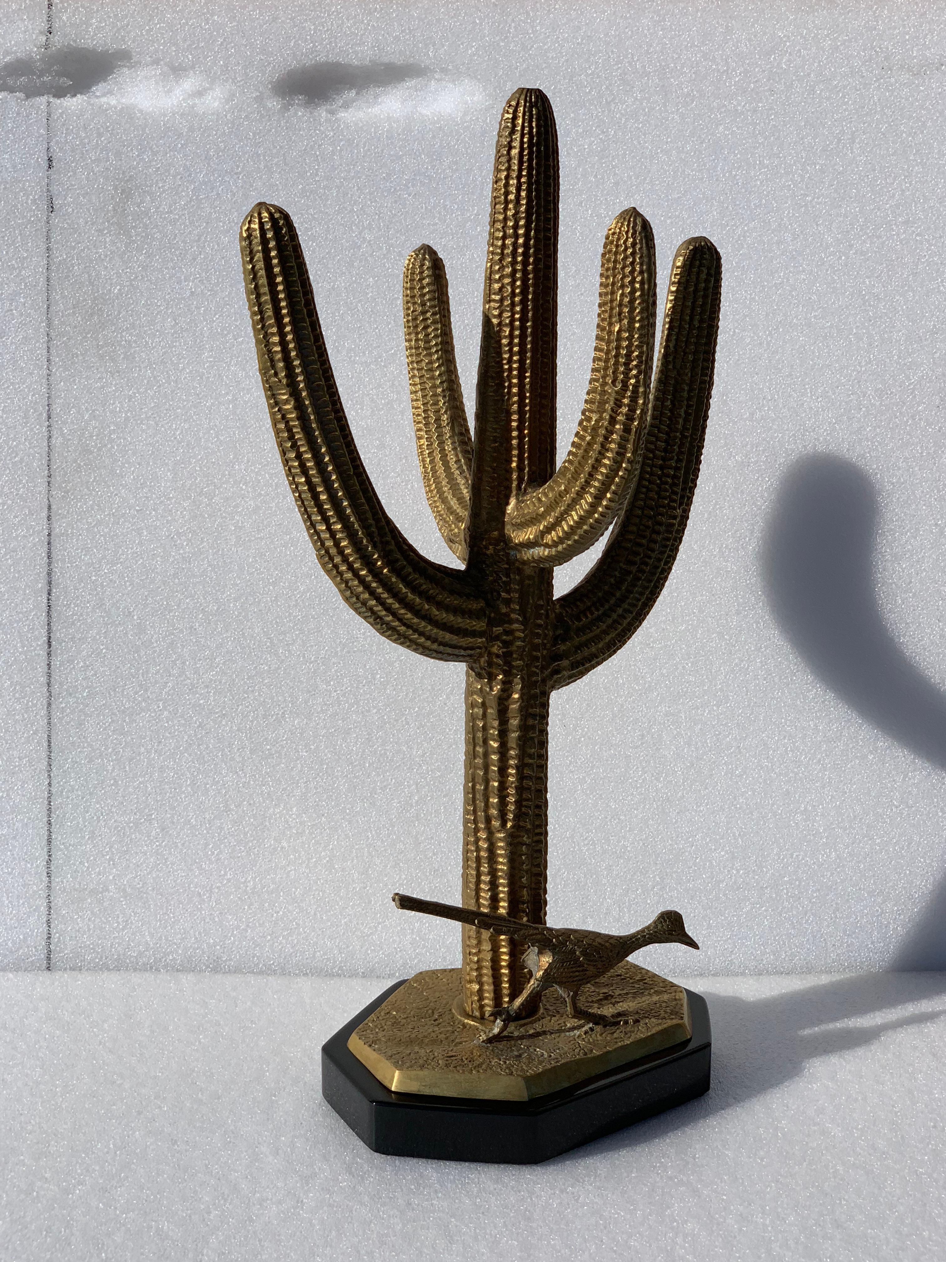 Late 20th Century Brass Saguaro Cactus Sculpture with Roadrunner