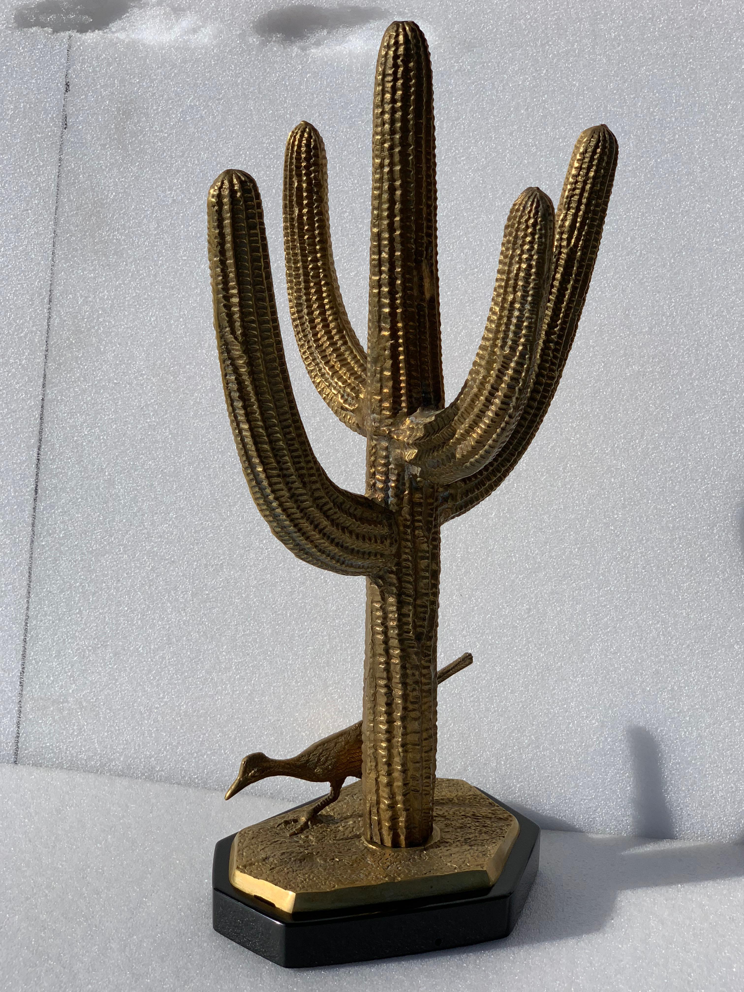Brass Saguaro Cactus Sculpture with Roadrunner 1