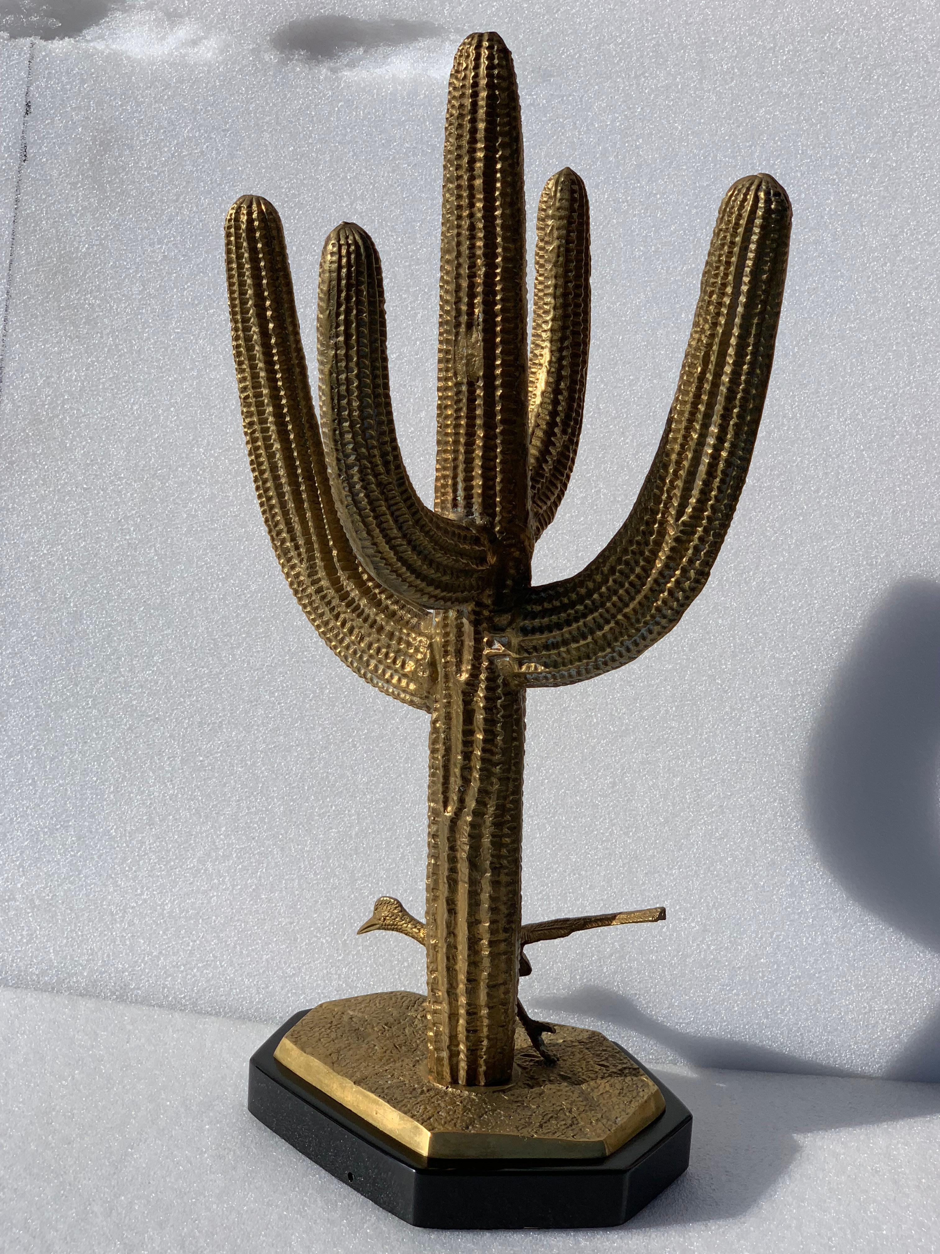 Brass Saguaro Cactus Sculpture with Roadrunner 2