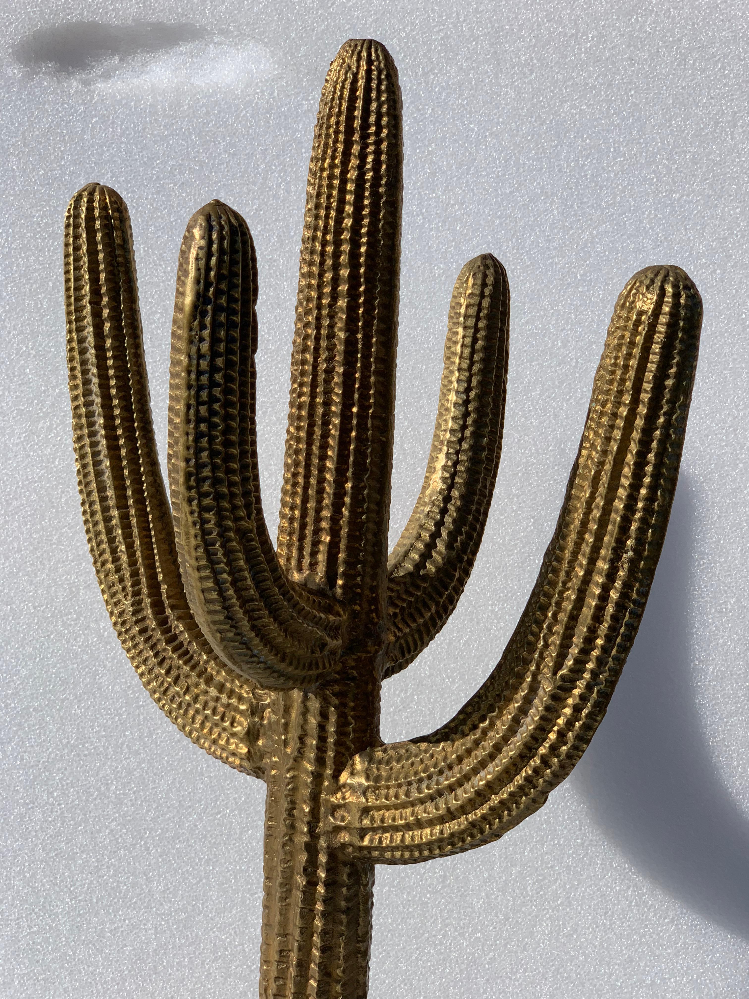 Brass Saguaro Cactus Sculpture with Roadrunner 3