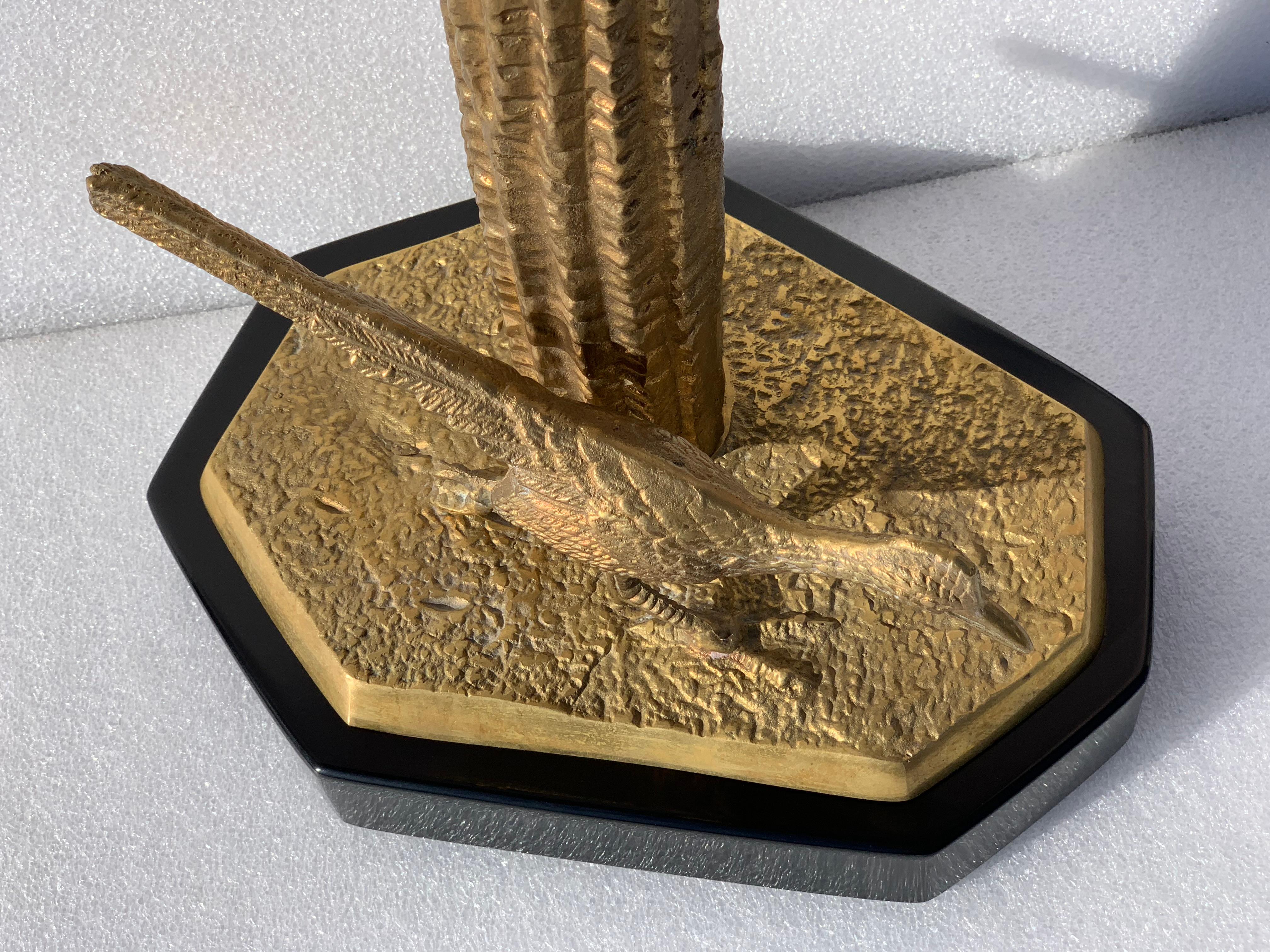 Brass Saguaro Cactus Sculpture with Roadrunner 6