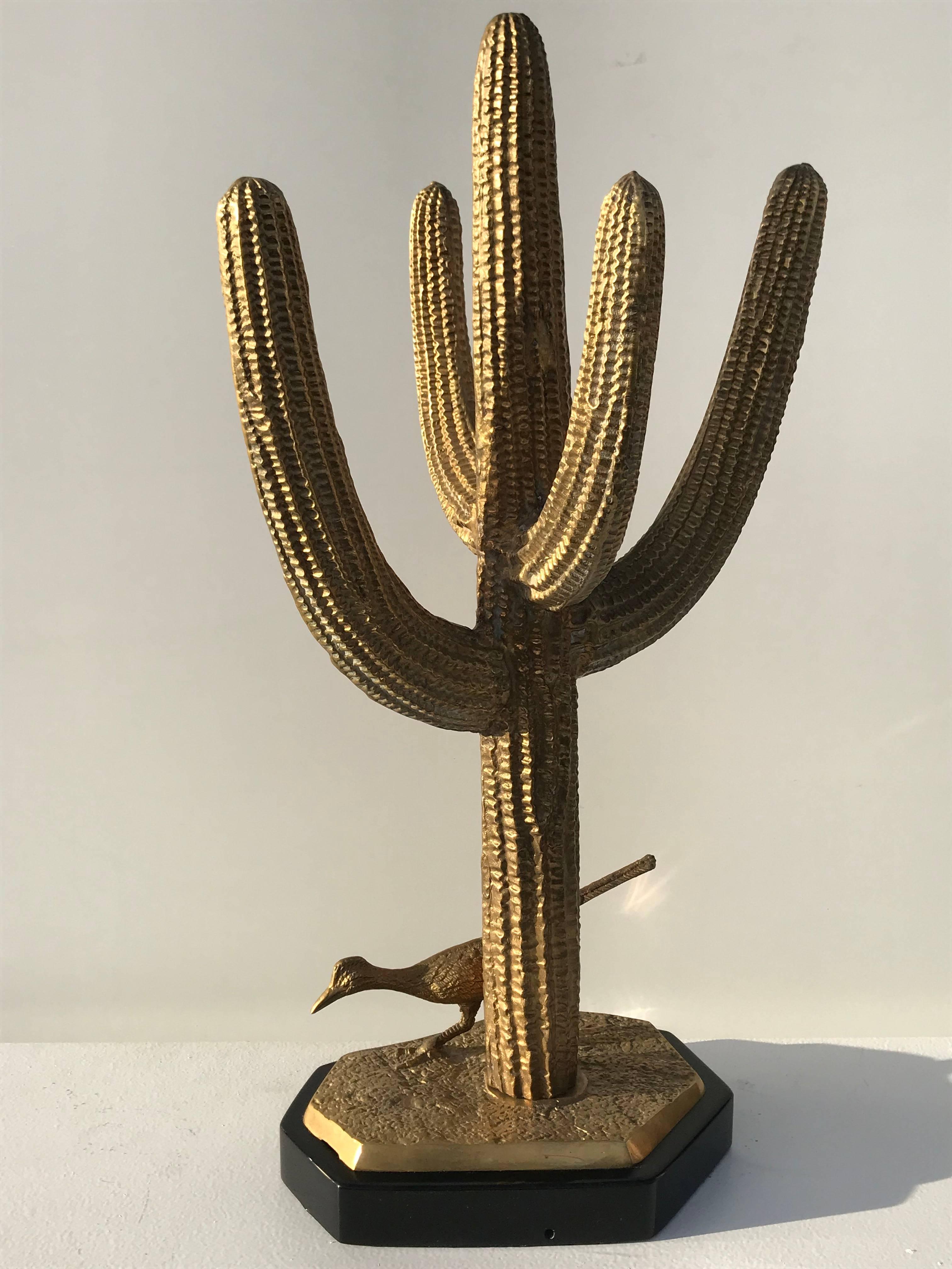 Mid-Century Modern Brass Saguaro Cactus Sculpture with Roadrunner