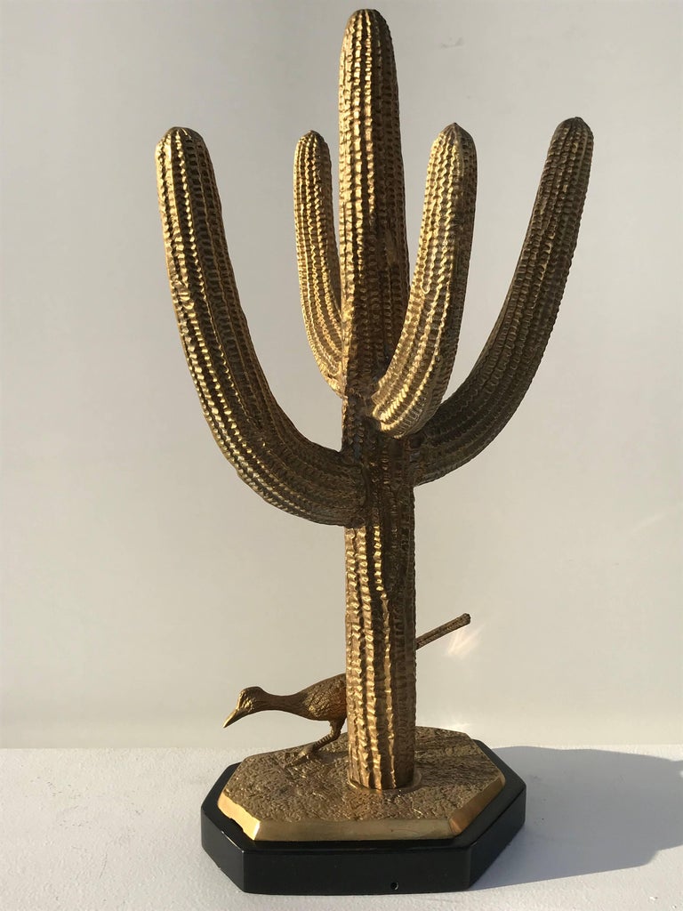 Brass Saguaro Cactus Sculpture with Roadrunner at 1stDibs