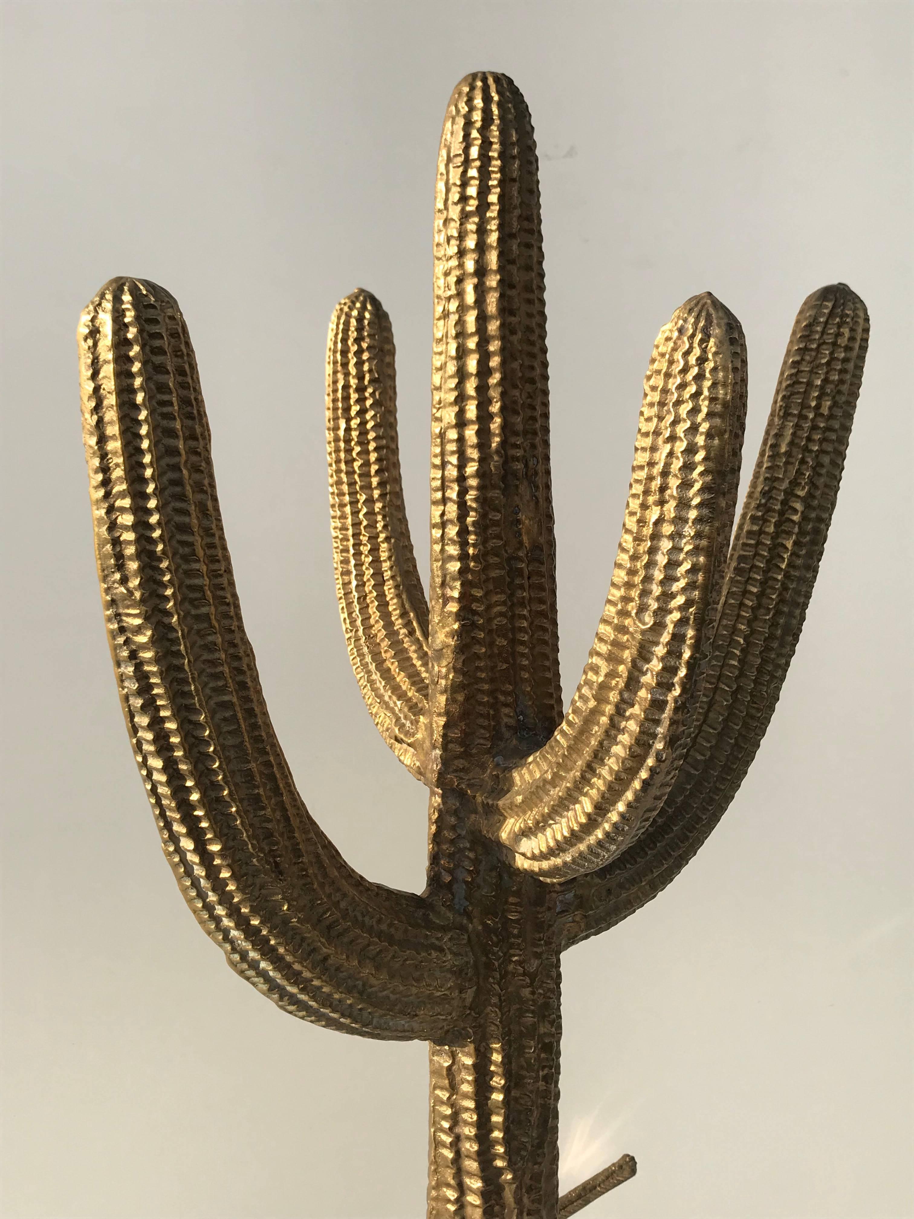 American Brass Saguaro Cactus Sculpture with Roadrunner