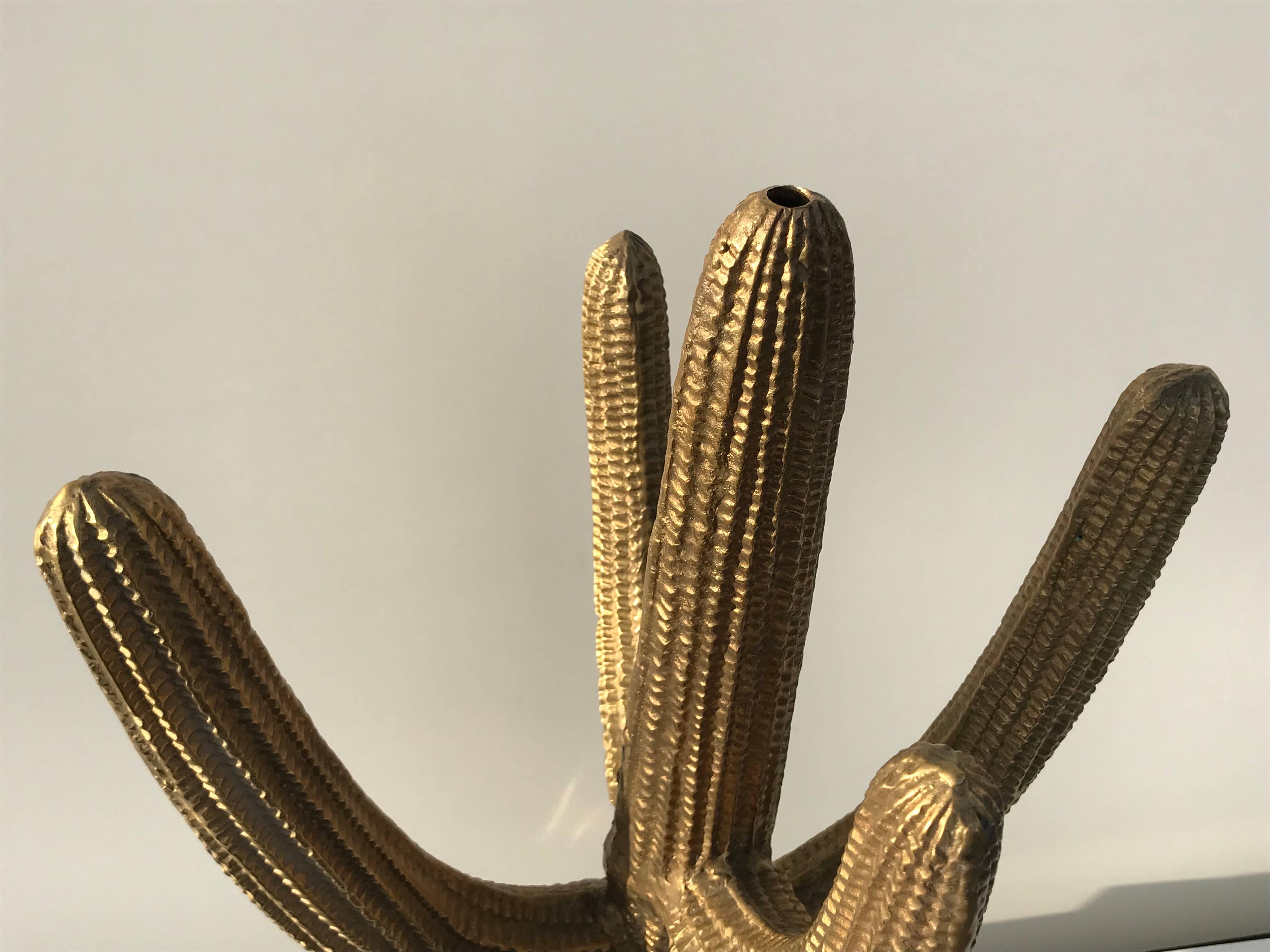 Patinated Brass Saguaro Cactus Sculpture with Roadrunner
