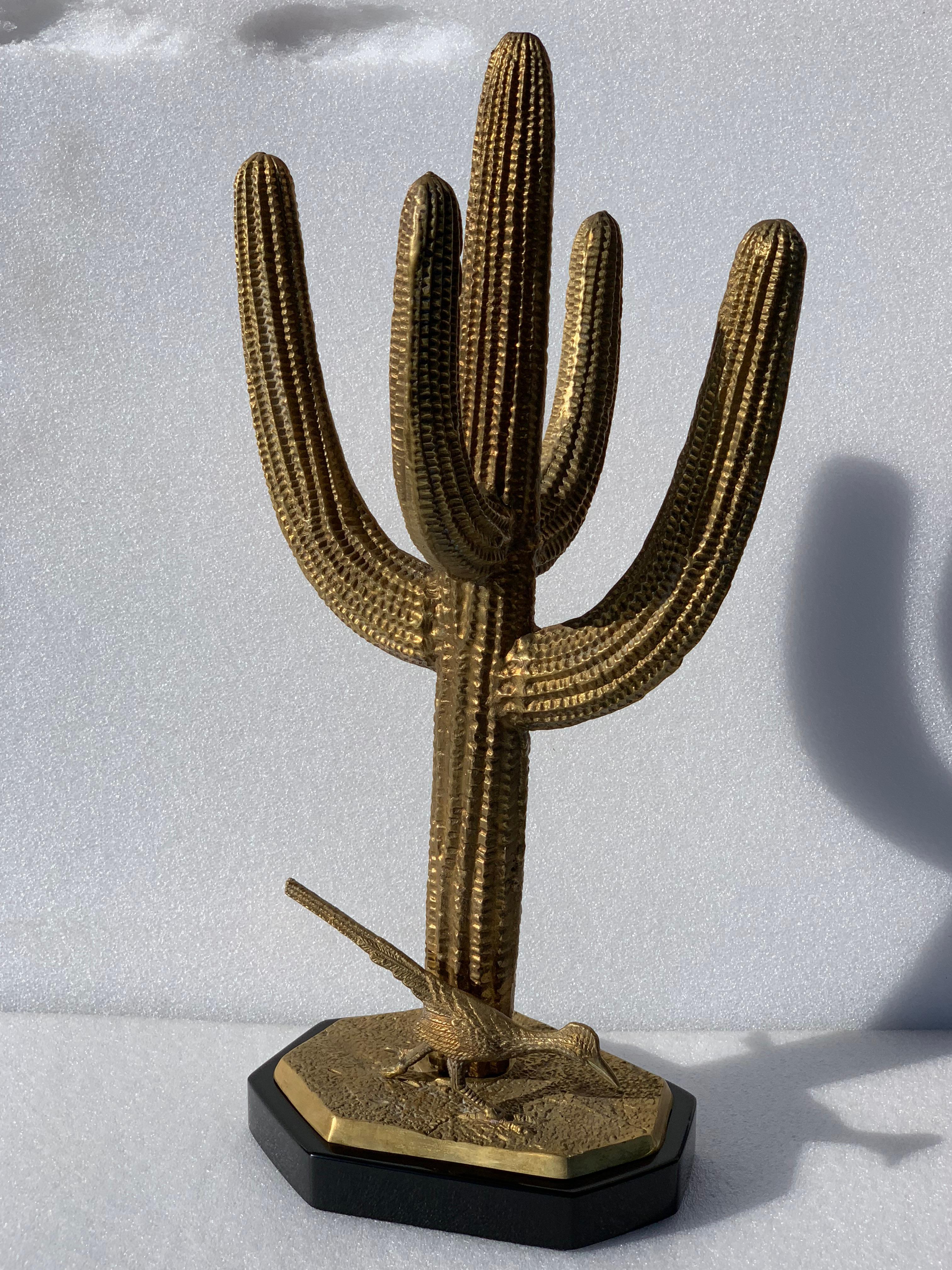 Brass Saguaro Cactus Sculpture with Roadrunner In Excellent Condition In North Hollywood, CA