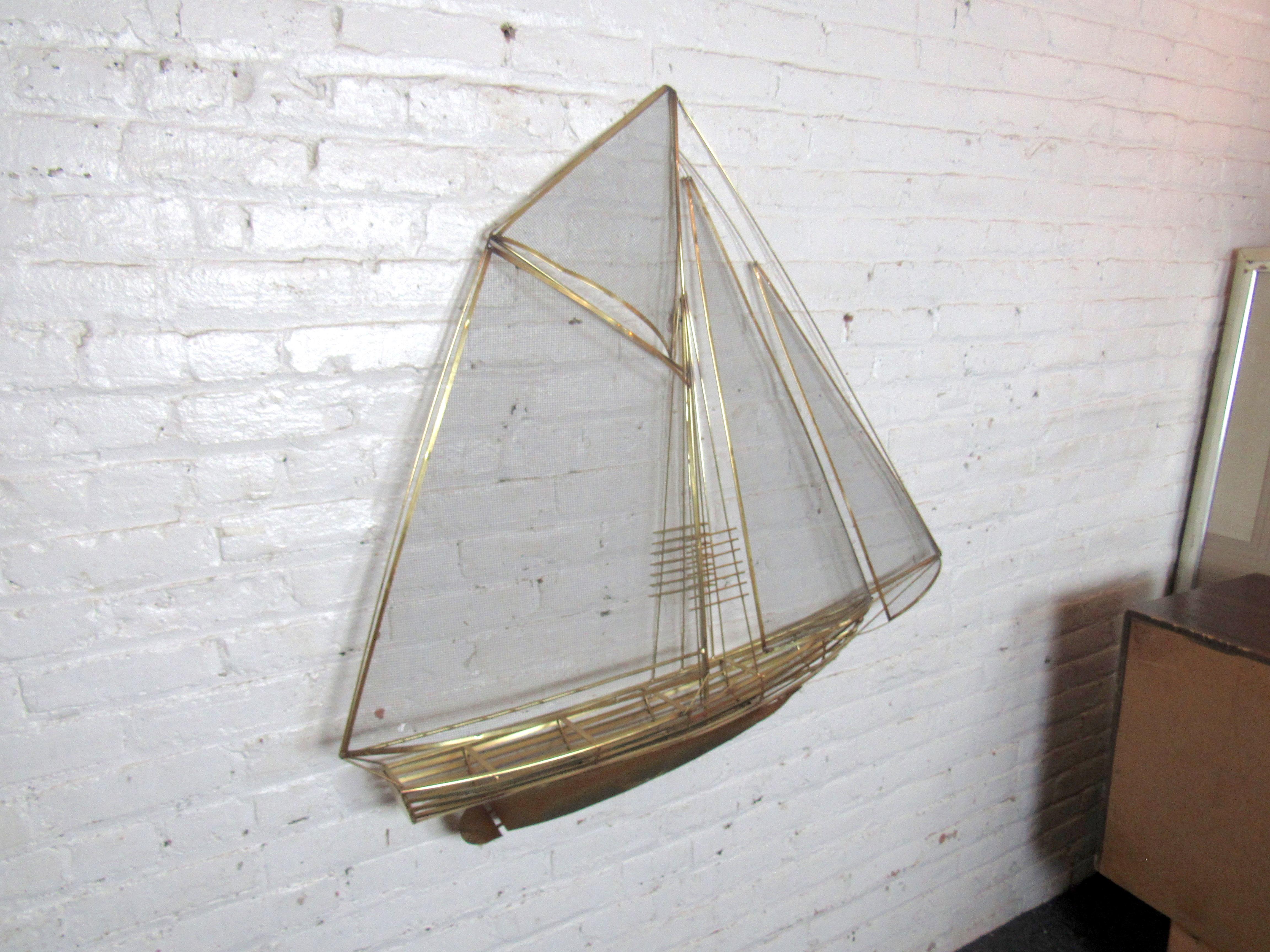 Mid-Century Modern Brass Sailboat Wall Art in the Style of C. Jere For Sale