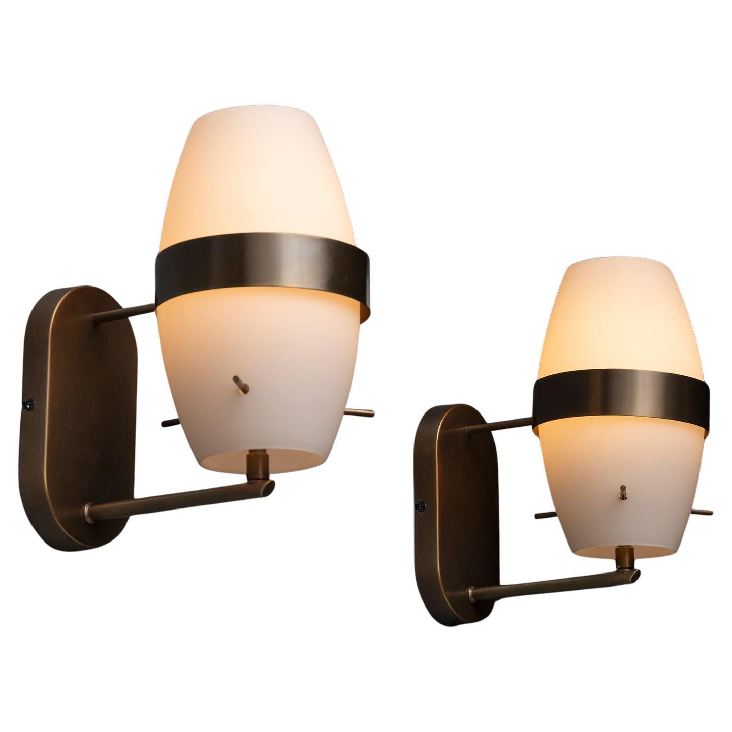 Brass & Satin Glass Sconces, Italy circa 1950