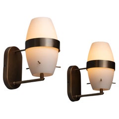 Brass & Satin Glass Sconces, Italy circa 1950