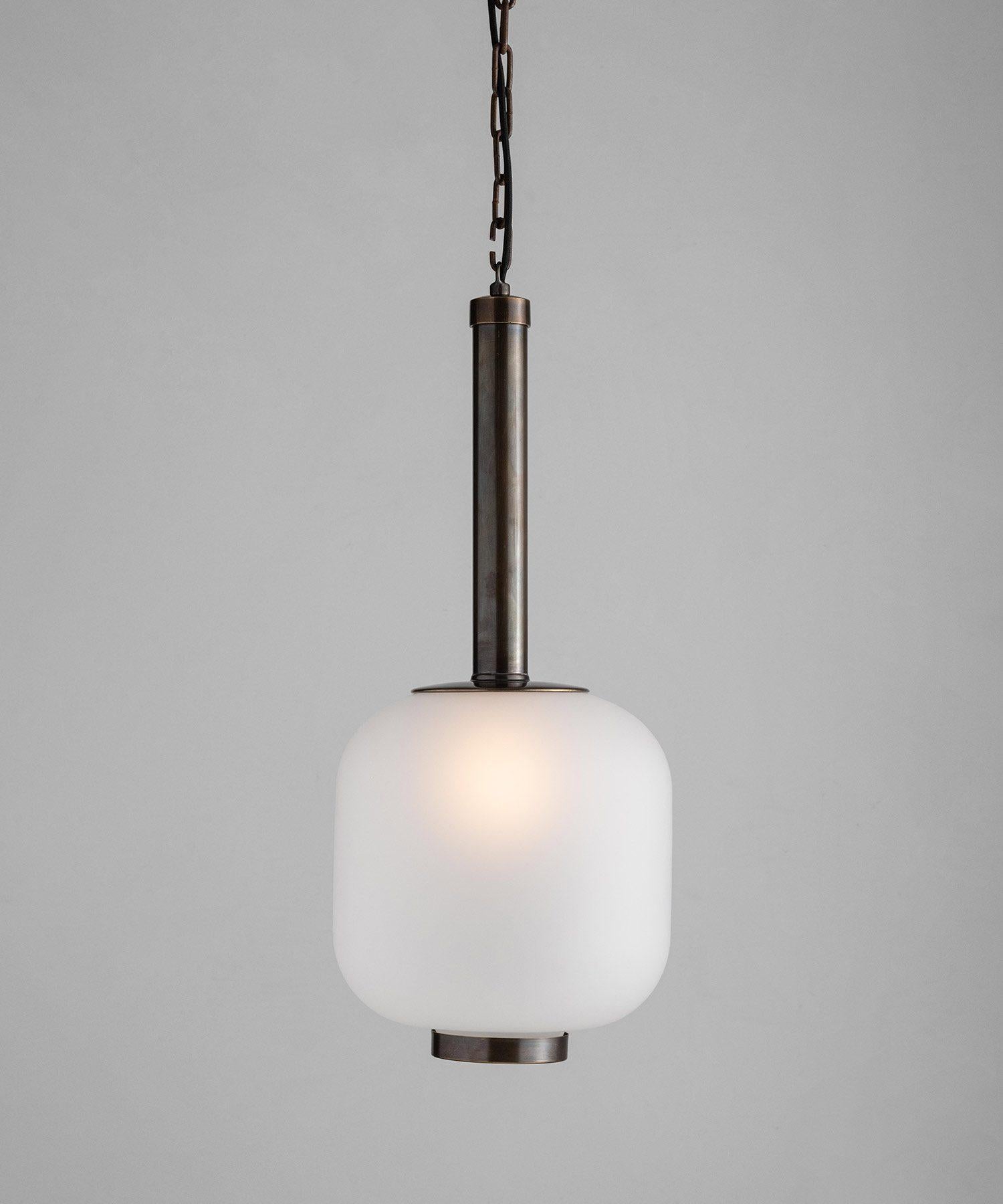 Contemporary Brass & Satin Glass Suspension Lamp, Made in Italy For Sale