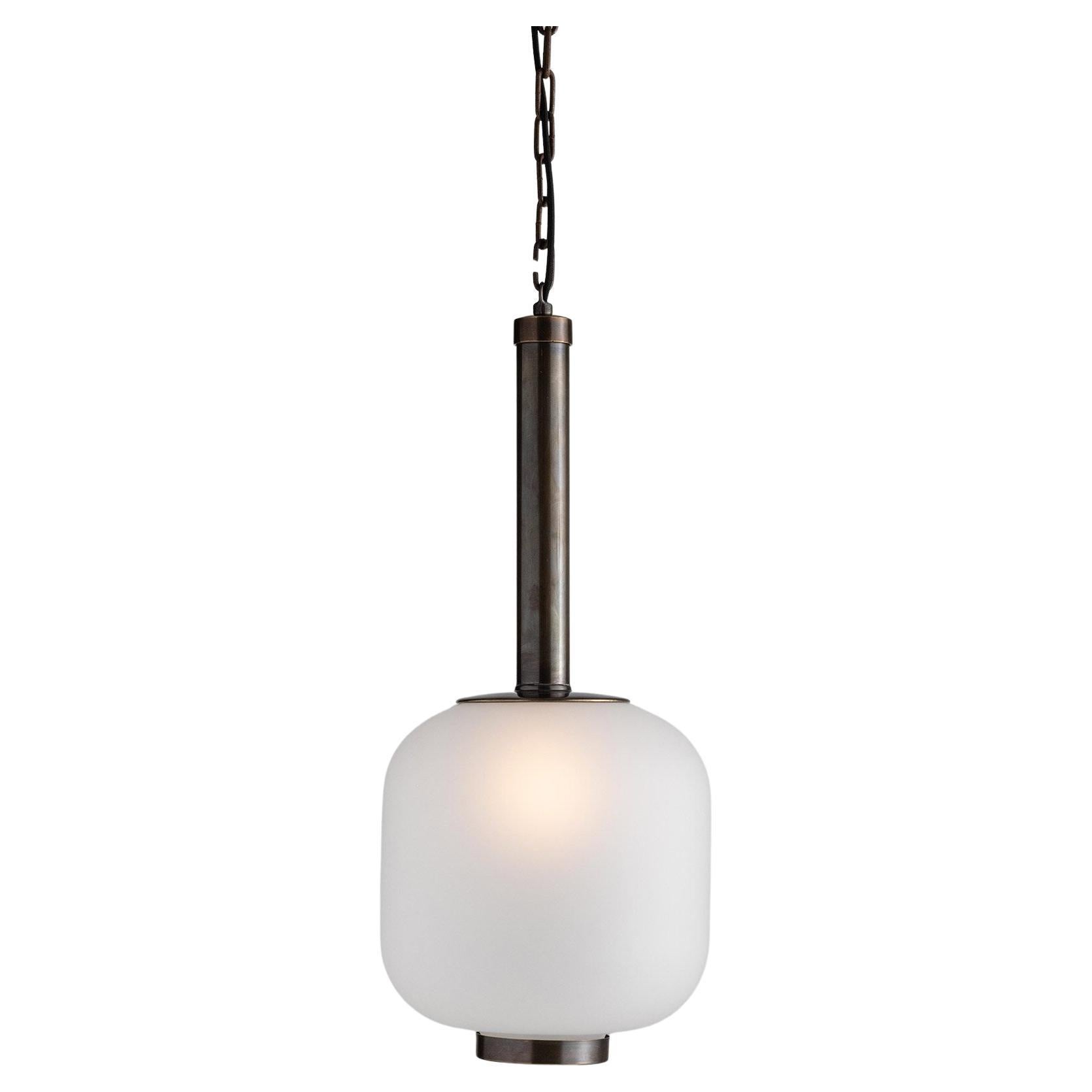 Brass & Satin Glass Suspension Lamp, Made in Italy For Sale