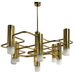 Lampadario Sciolari in ottone con 9 punti luce, anni '70