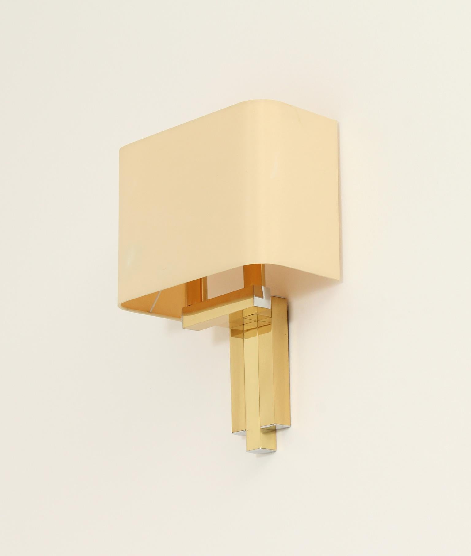 Wall sconce designed in 1970's by BD Lumica, Spain. Brass structure and original fabric shade with two E14 bulbs.