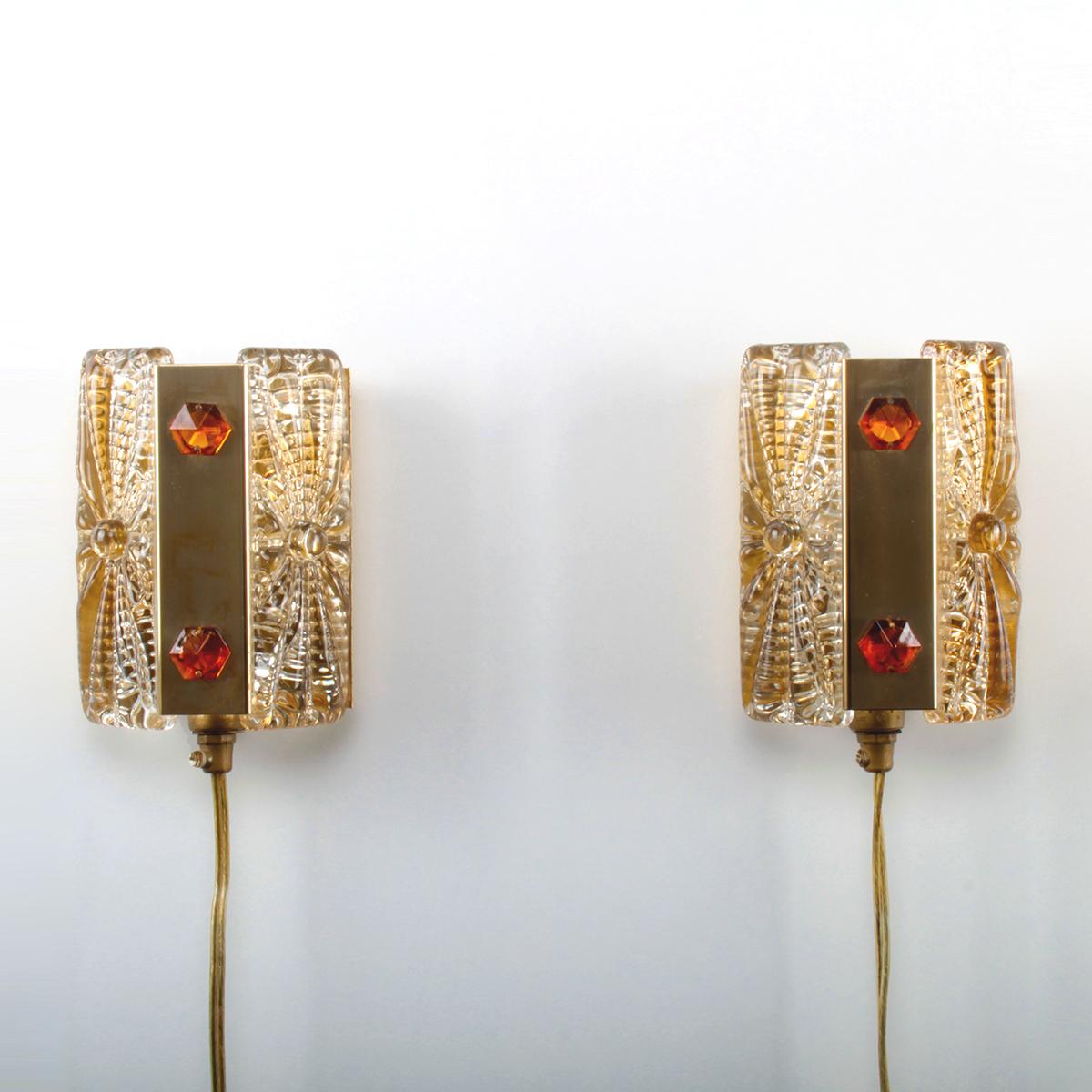 Regency Brass Sconces ‘Pair’ with Pressed Glass and Brass by Vitrika, 1970s