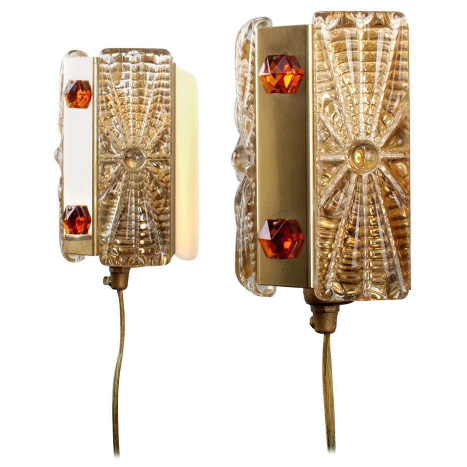 Brass Sconces ‘Pair’ with Pressed Glass and Brass by Vitrika, 1970s