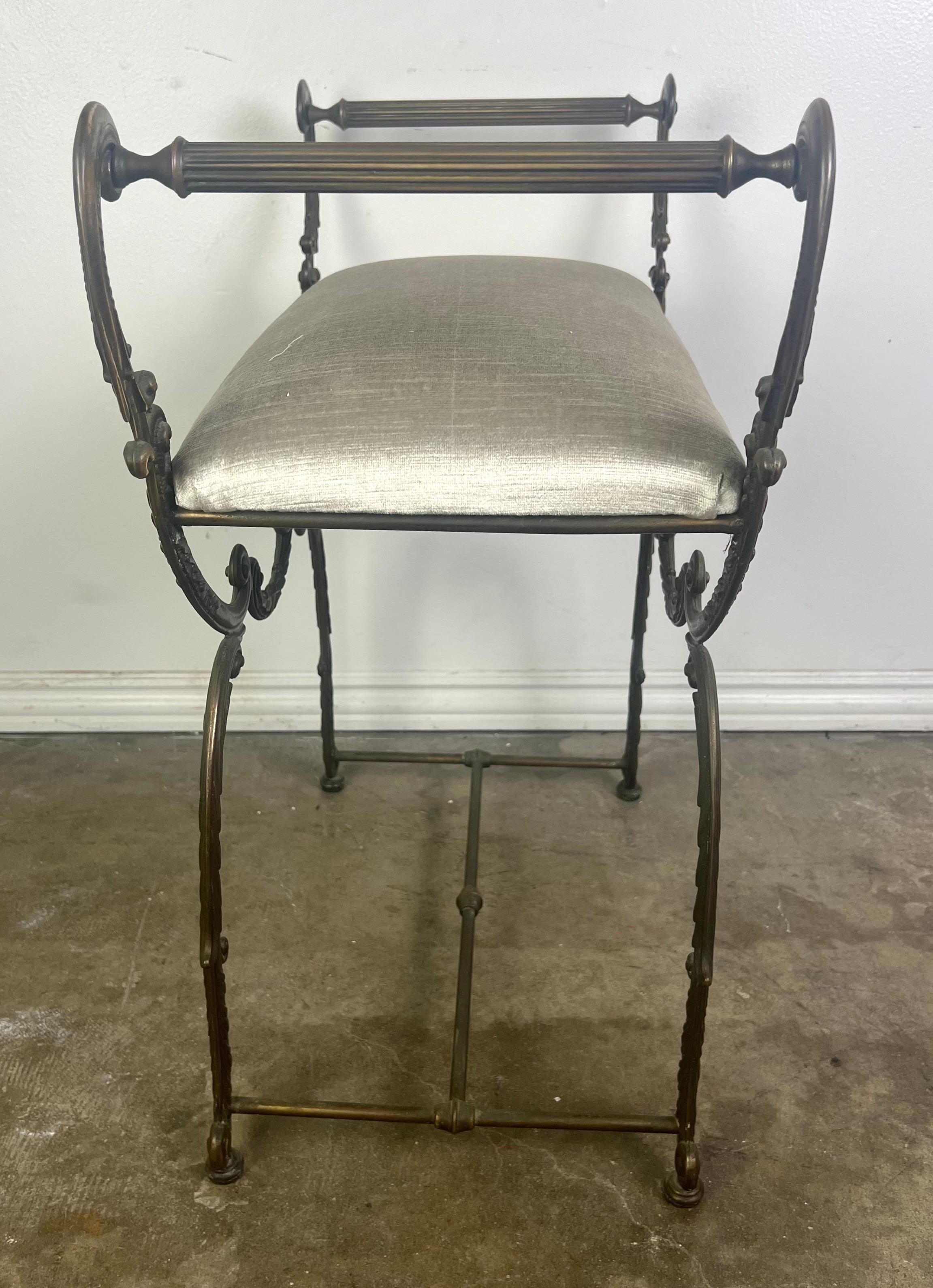 Brass Scrolled Velvet Upholstered Vanity Bench For Sale 4