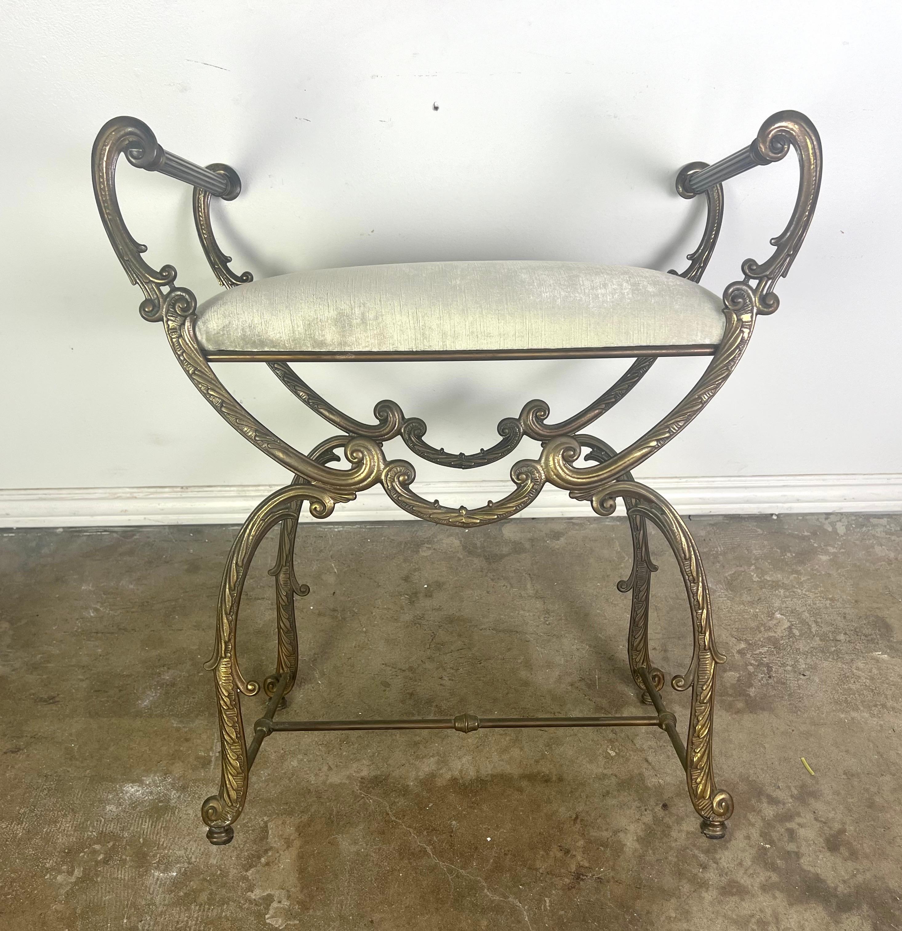 Brass Scrolled Velvet Upholstered Vanity Bench For Sale 5