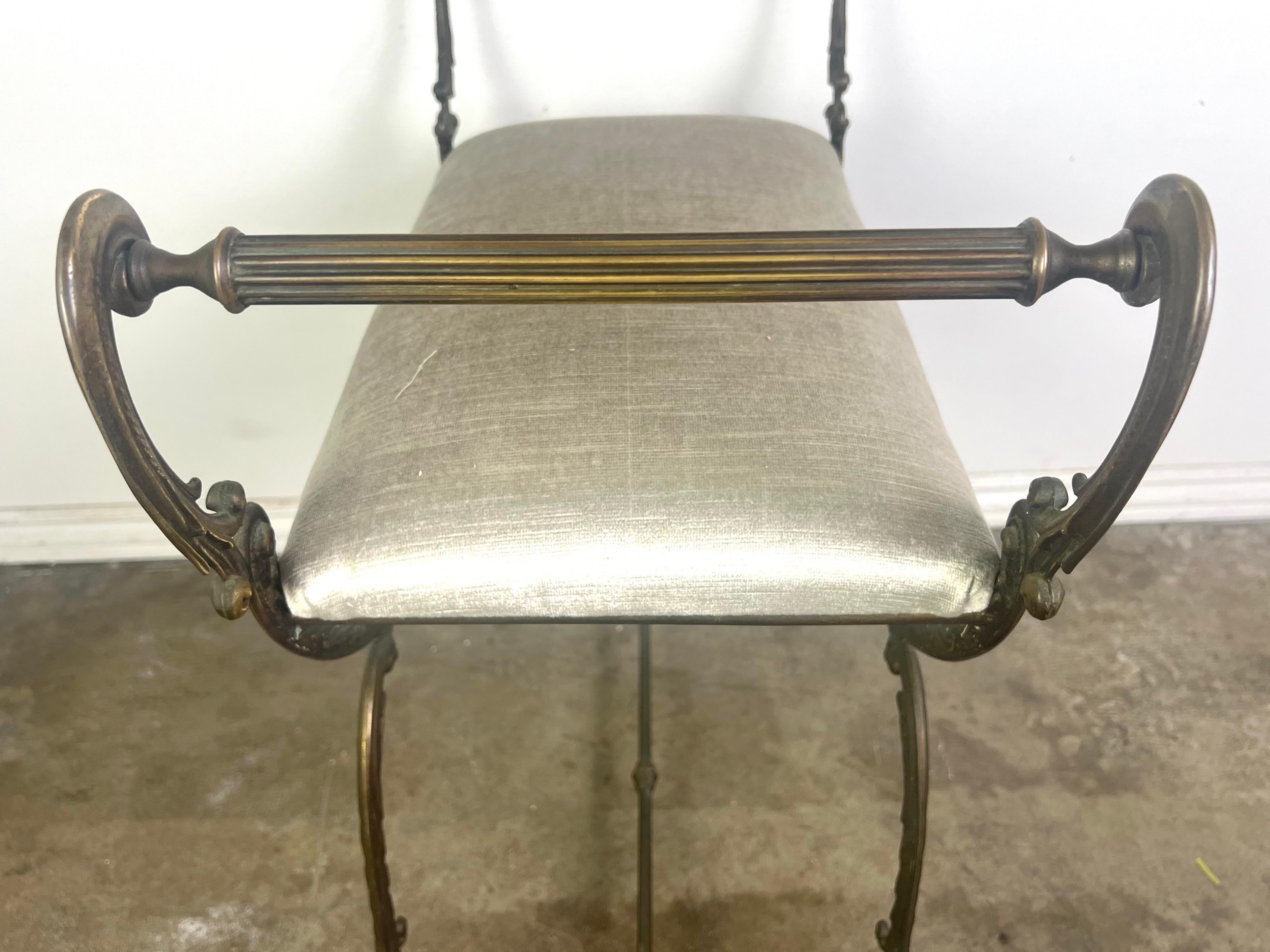 Brass Scrolled Velvet Upholstered Vanity Bench For Sale 6