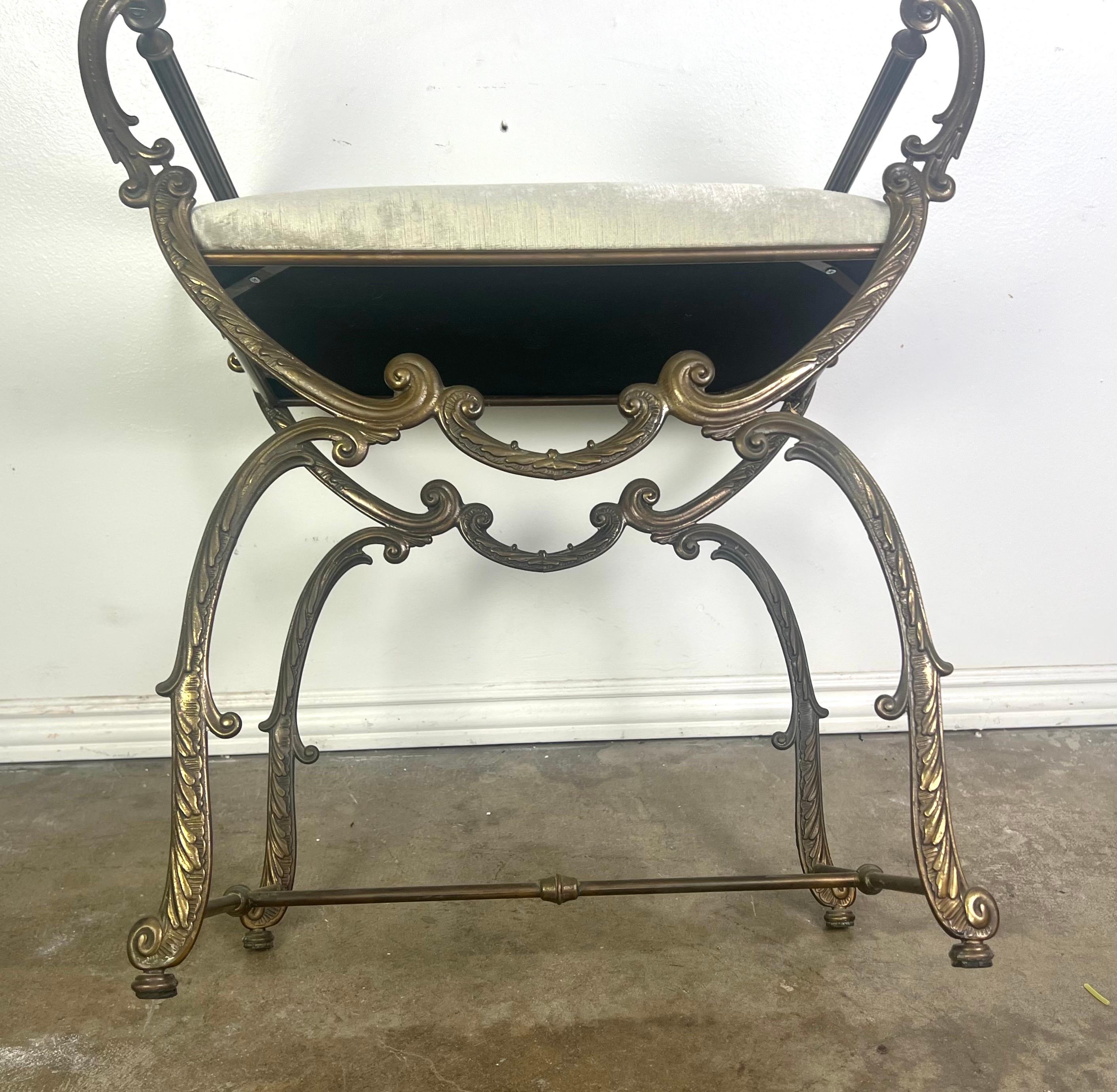 Brass Scrolled Velvet Upholstered Vanity Bench For Sale 7