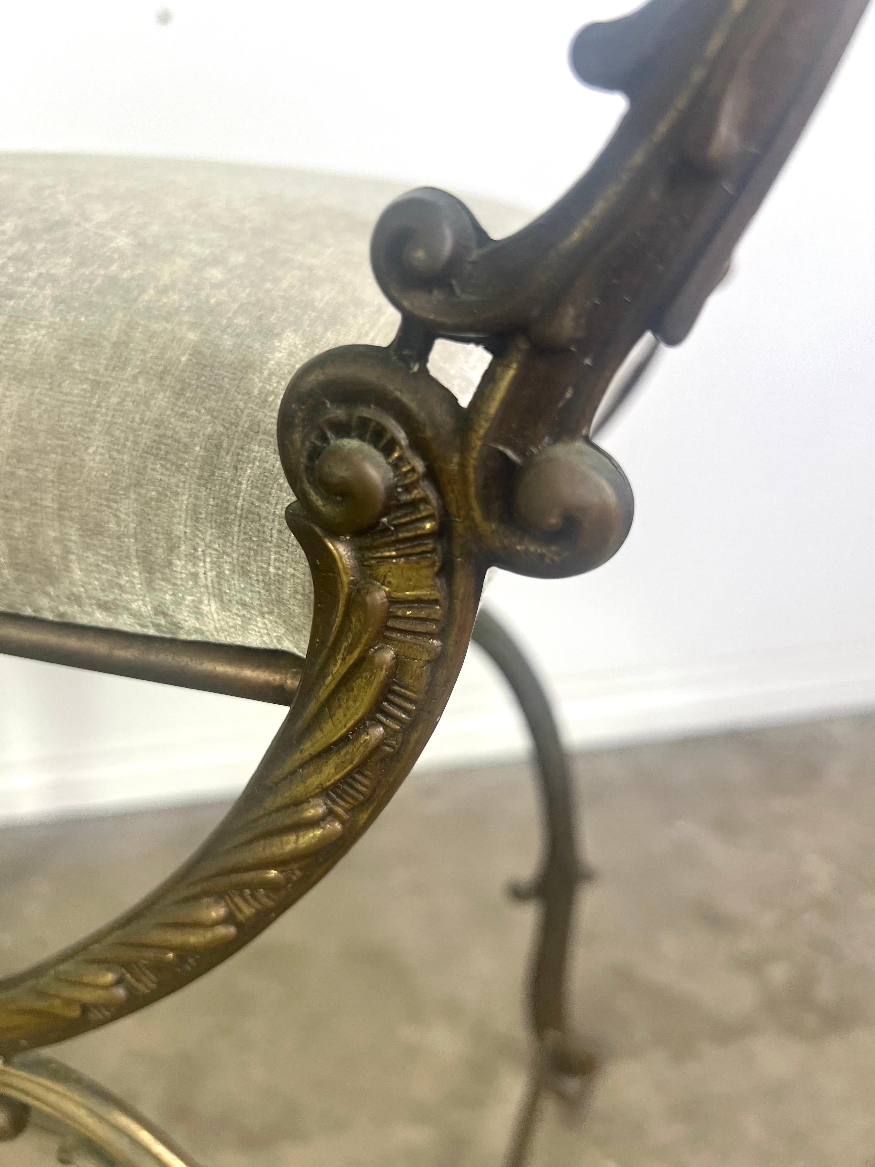 Brass Scrolled Velvet Upholstered Vanity Bench In Distressed Condition For Sale In Los Angeles, CA