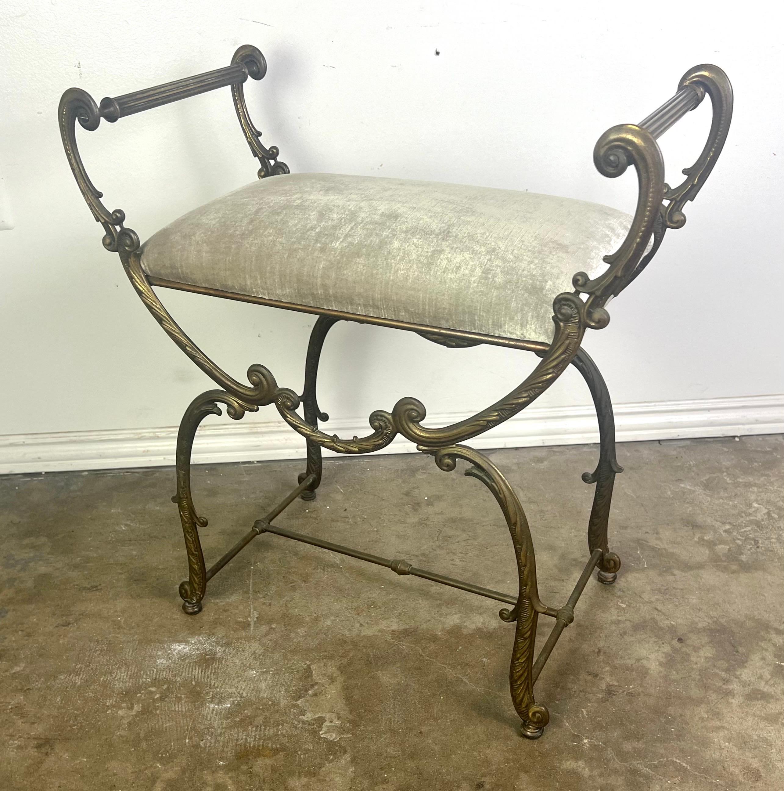 Mid-20th Century Brass Scrolled Velvet Upholstered Vanity Bench For Sale