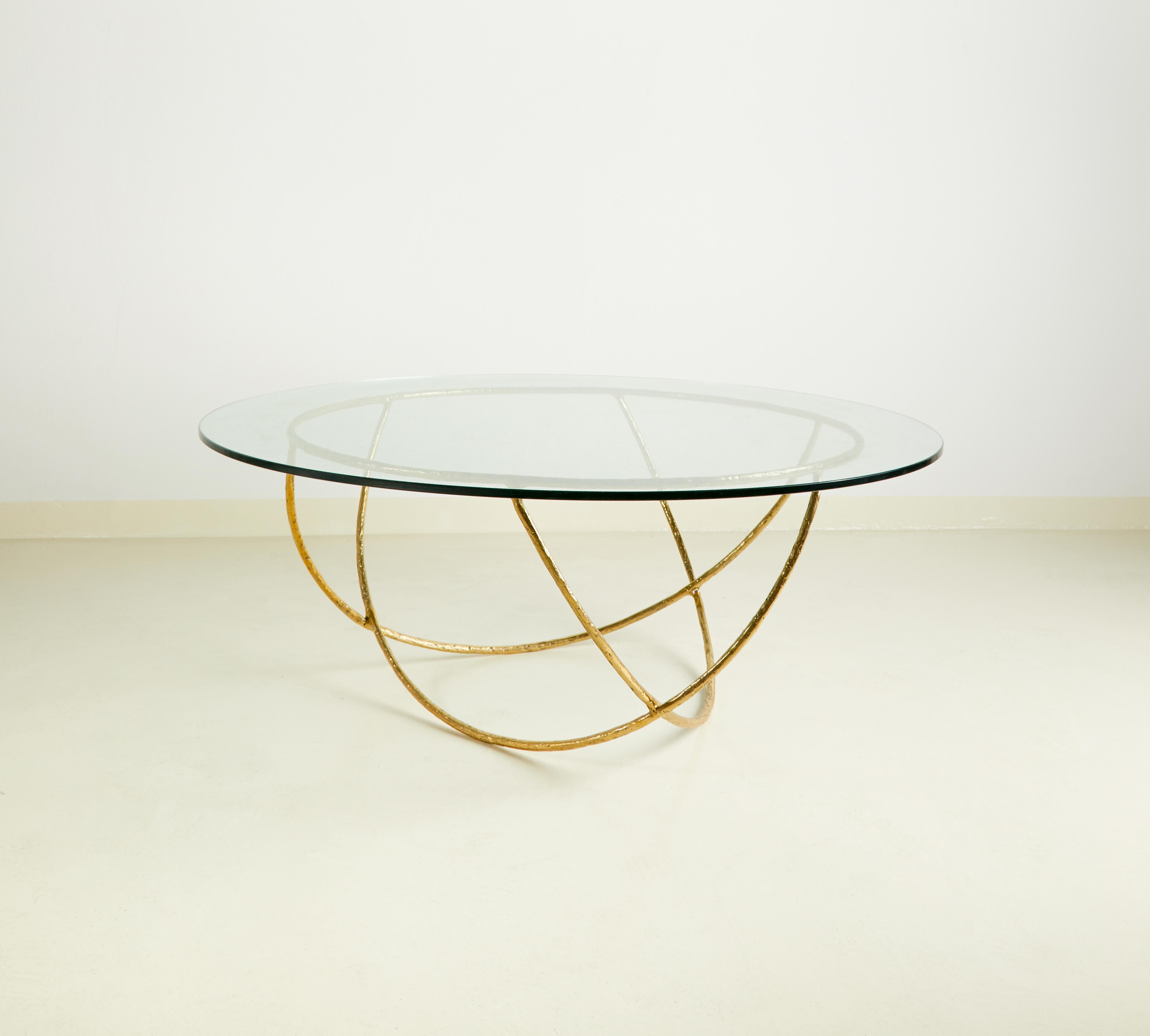 Post-Modern Brass Sculpted Coffee Table, Gold Basket, Misaya